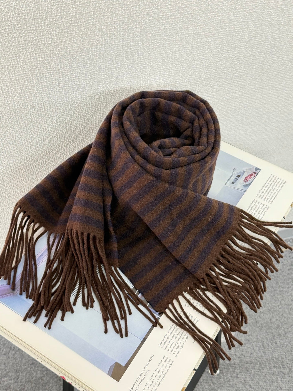 HERMES Striped Cashmere Fringe Scarf (Brown/Navy)