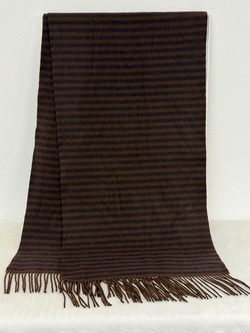 HERMES Striped Cashmere Fringe Scarf (Brown/Navy)