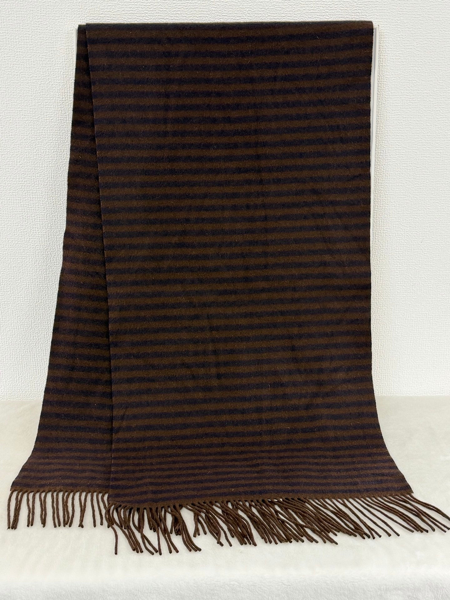 HERMES Striped Cashmere Fringe Scarf (Brown/Navy)