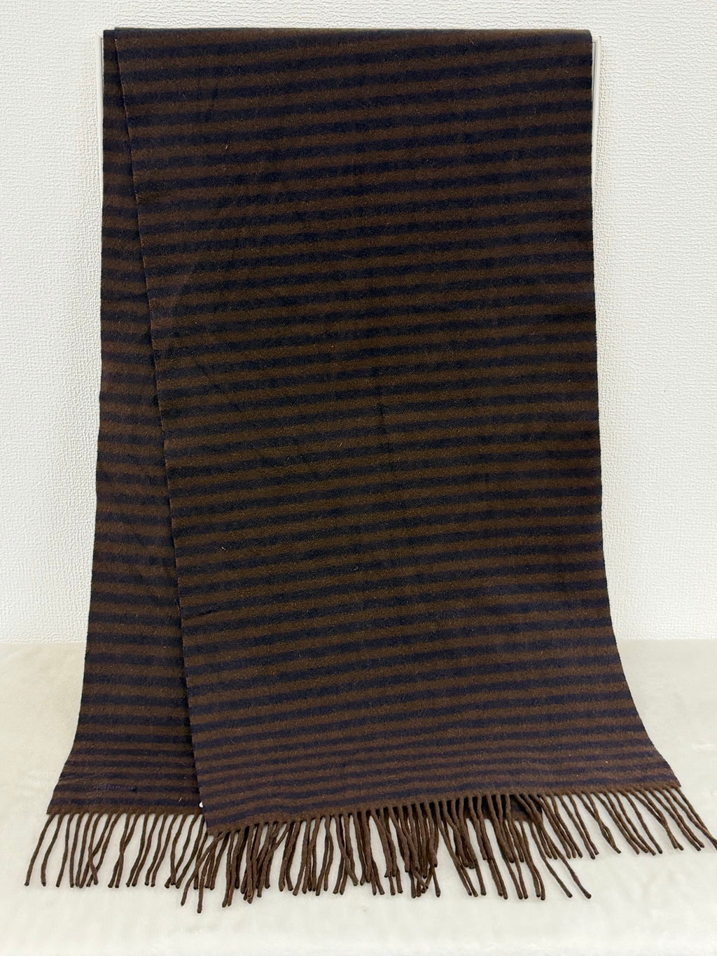 HERMES Striped Cashmere Fringe Scarf (Brown/Navy)
