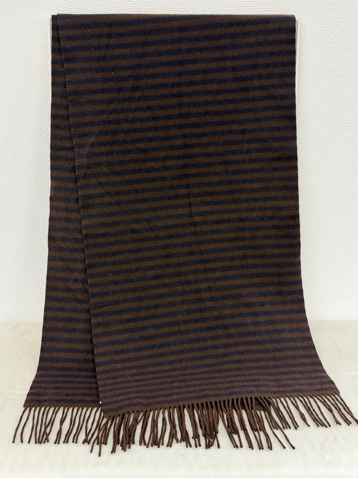 HERMES Striped Cashmere Fringe Scarf (Brown/Navy)