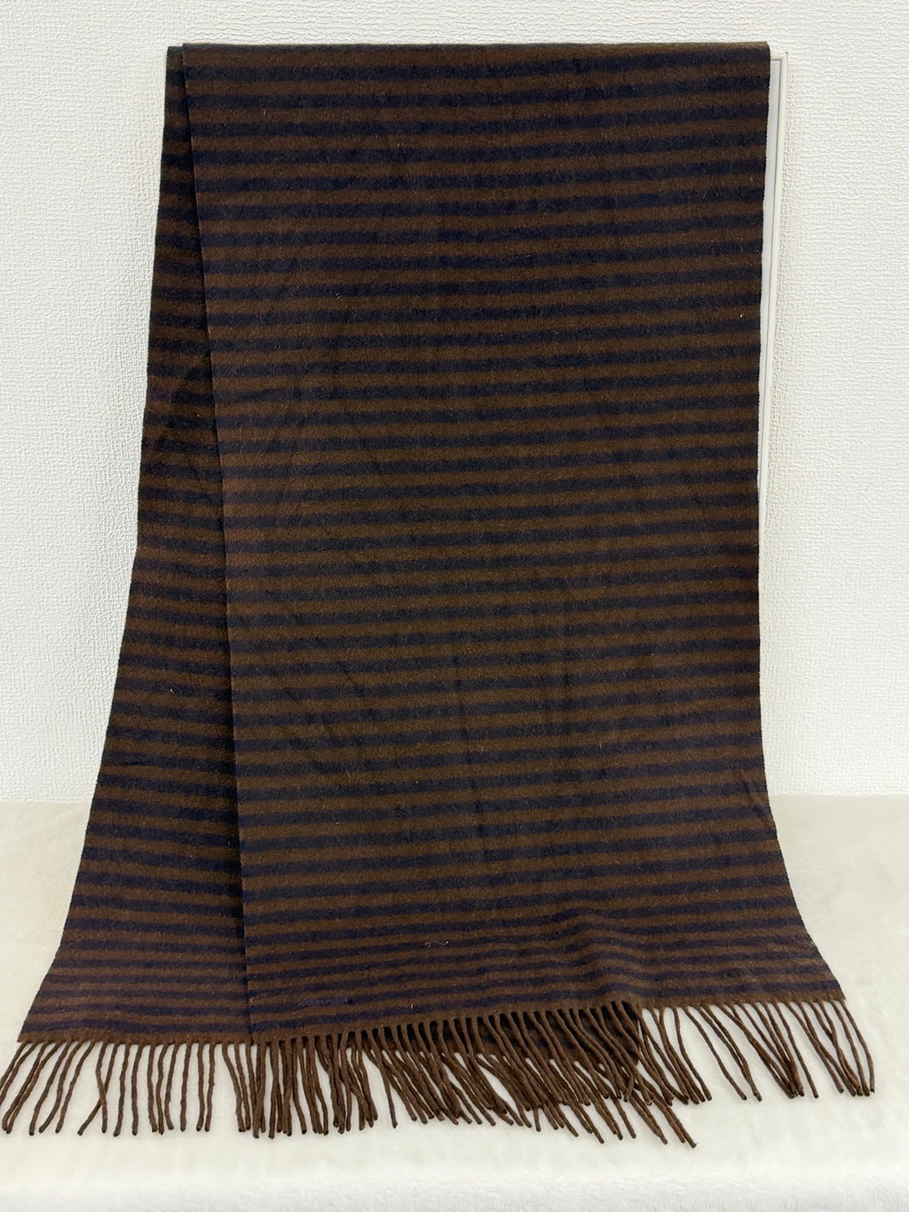 HERMES Striped Cashmere Fringe Scarf (Brown/Navy)