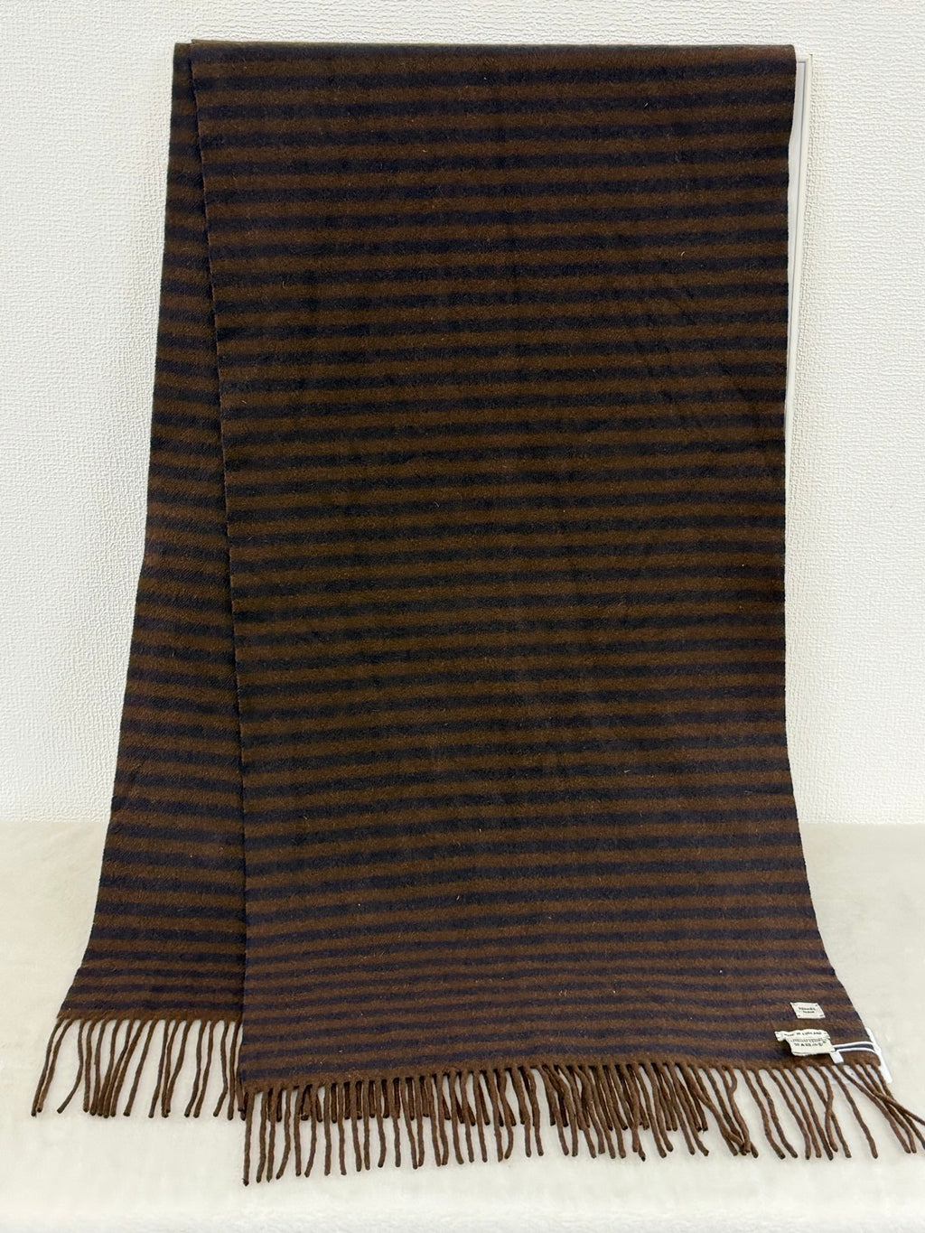 HERMES Striped Cashmere Fringe Scarf (Brown/Navy)