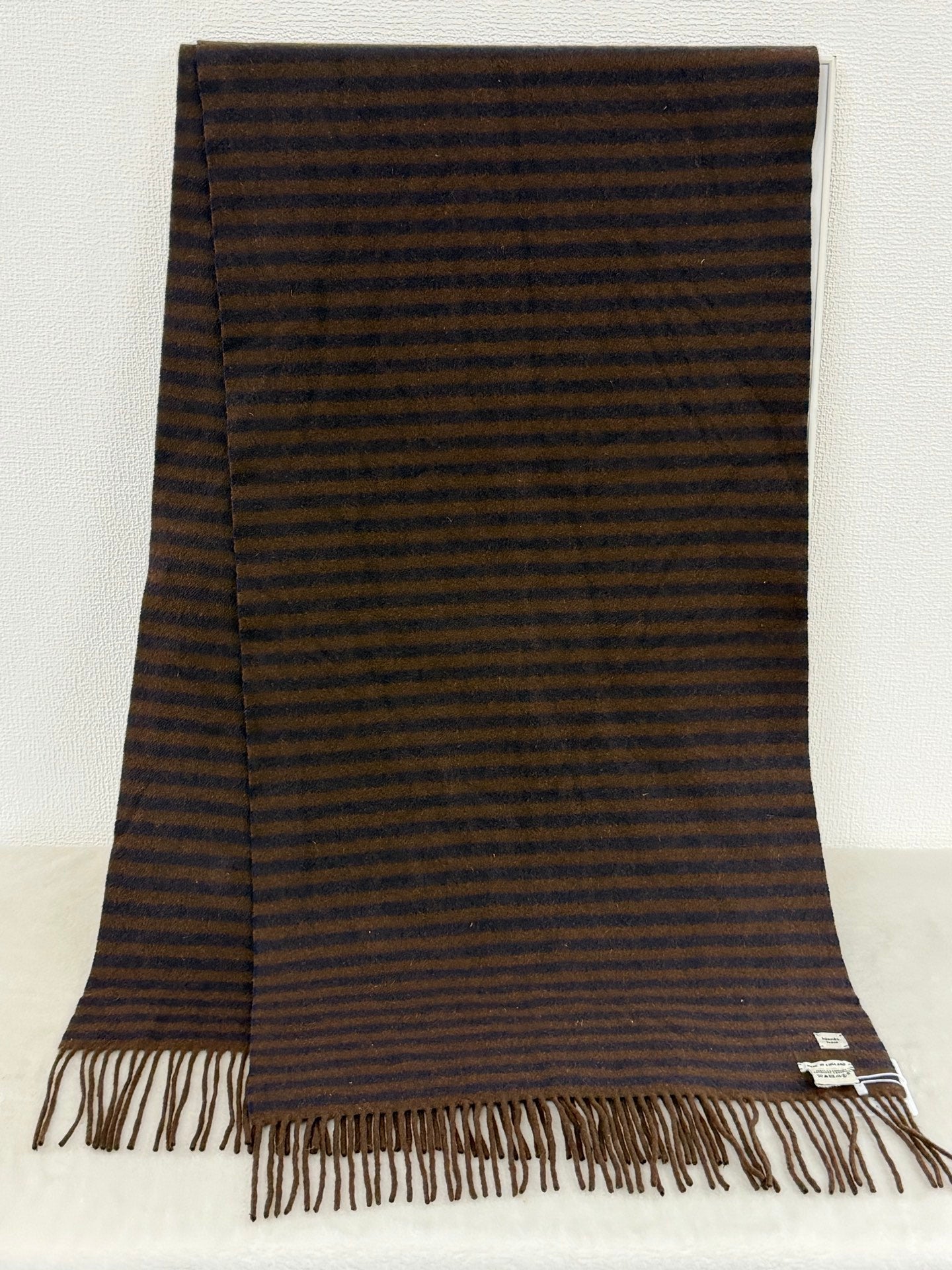 HERMES Striped Cashmere Fringe Scarf (Brown/Navy)
