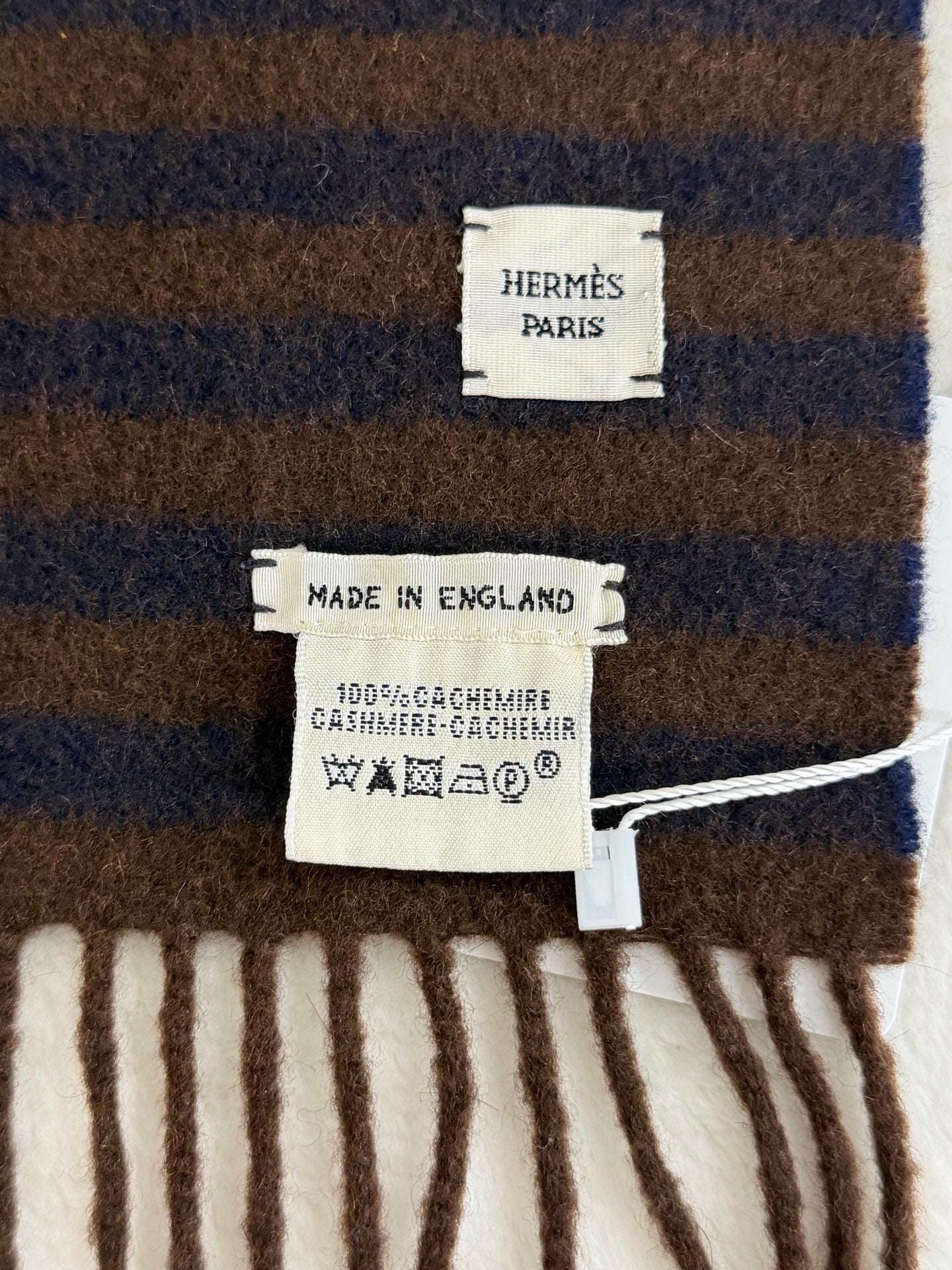 HERMES Striped Cashmere Fringe Scarf (Brown/Navy)