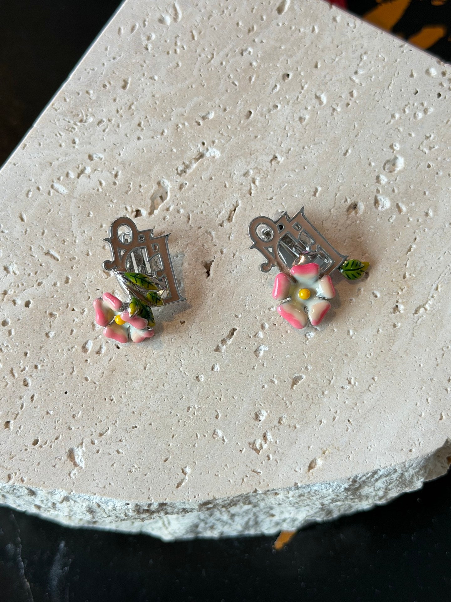 Christian Dior Enamel Flower Clip-On Earrings