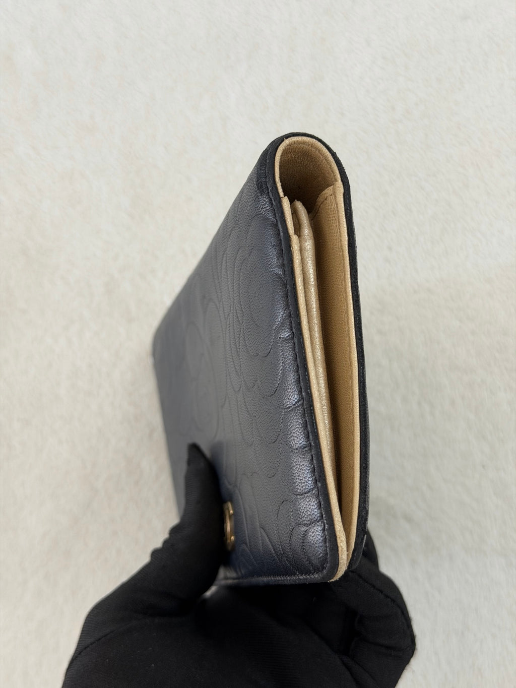 CHANEL Camellia Embossed Flap Wallet