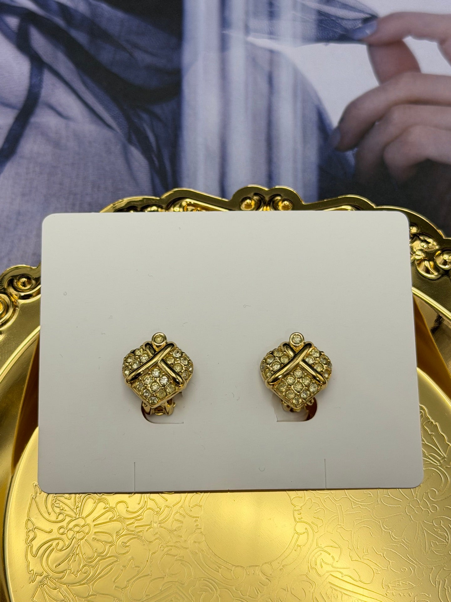 Christian Dior Criss-Cross Pave Rhinestone Clip-On Earrings