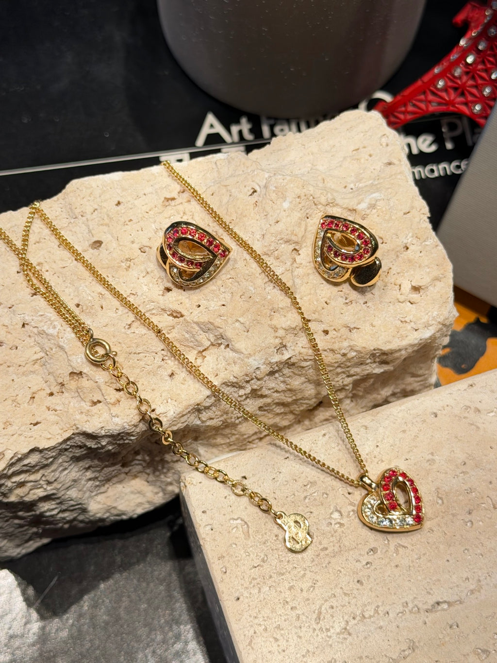 Christian Dior Rhinestone Heart Motif Necklace and Earrings Demi-Parure Set