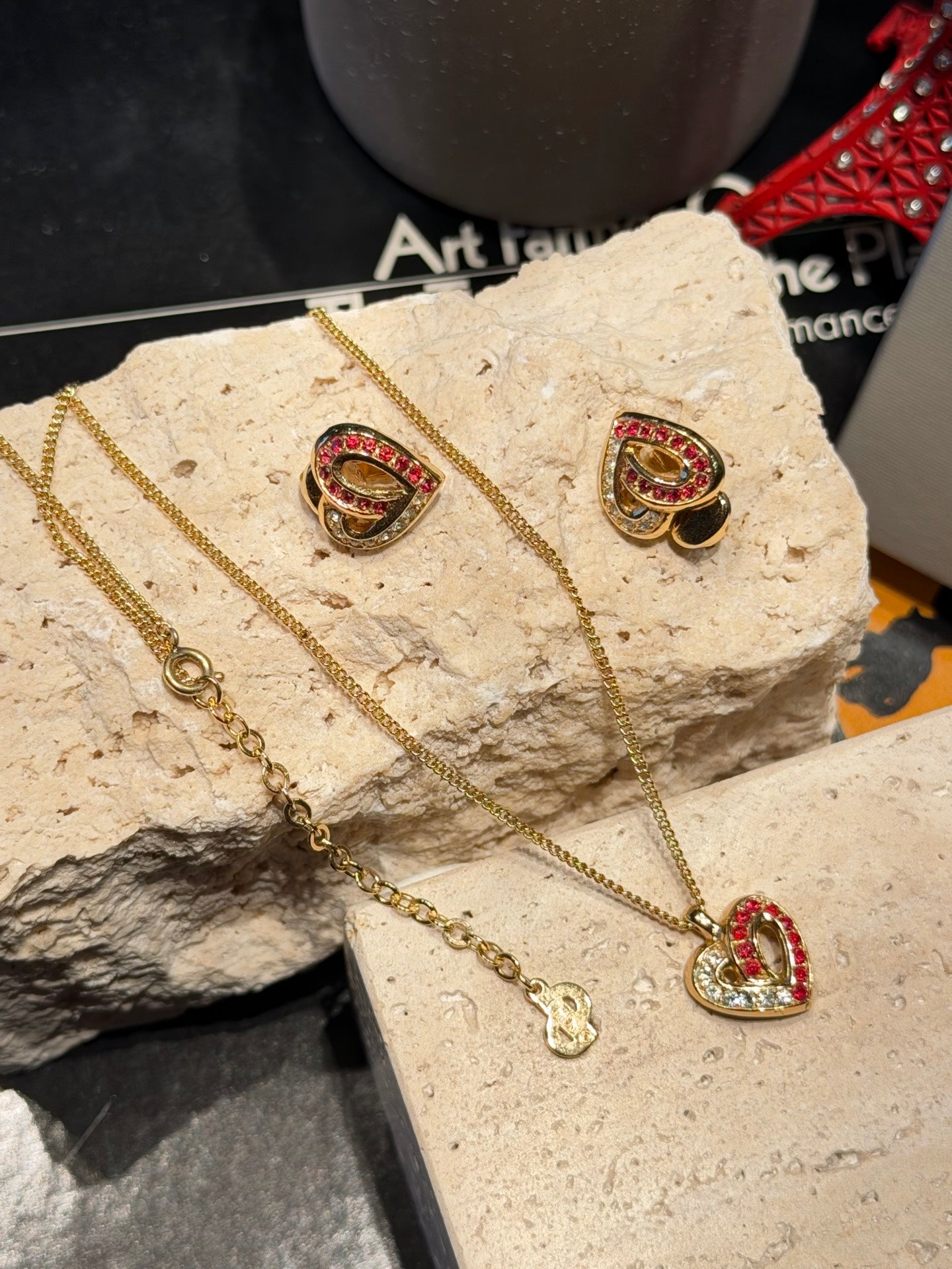 Christian Dior Rhinestone Heart Motif Necklace and Earrings Demi-Parure Set
