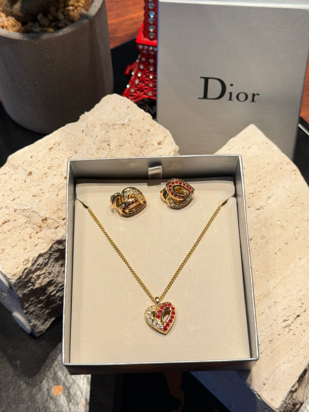 Christian Dior Rhinestone Heart Motif Necklace and Earrings Demi-Parure Set