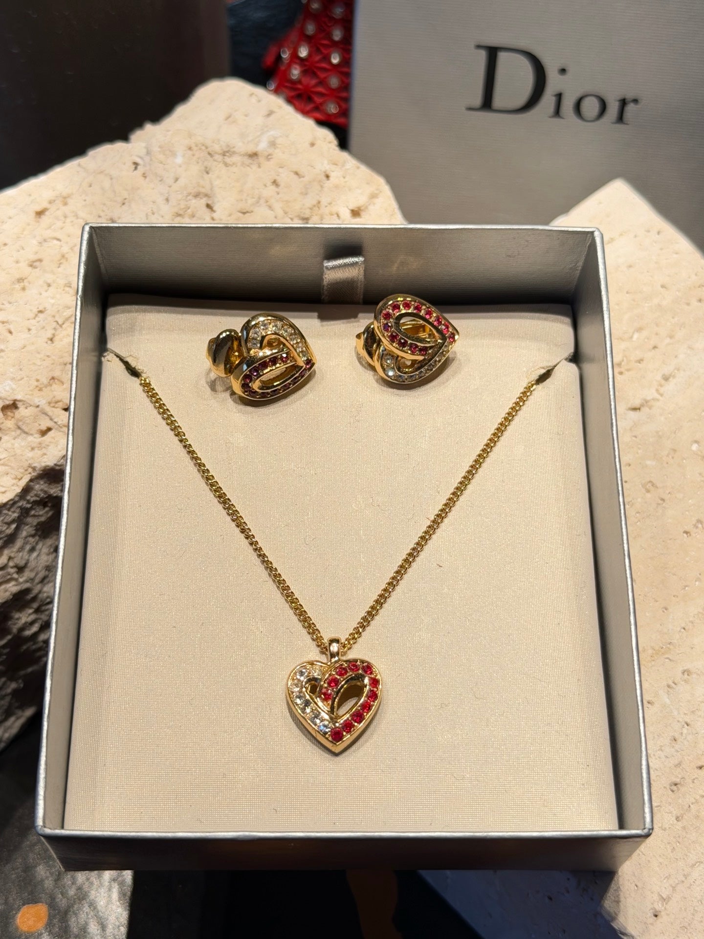Christian Dior Rhinestone Heart Motif Necklace and Earrings Demi-Parure Set