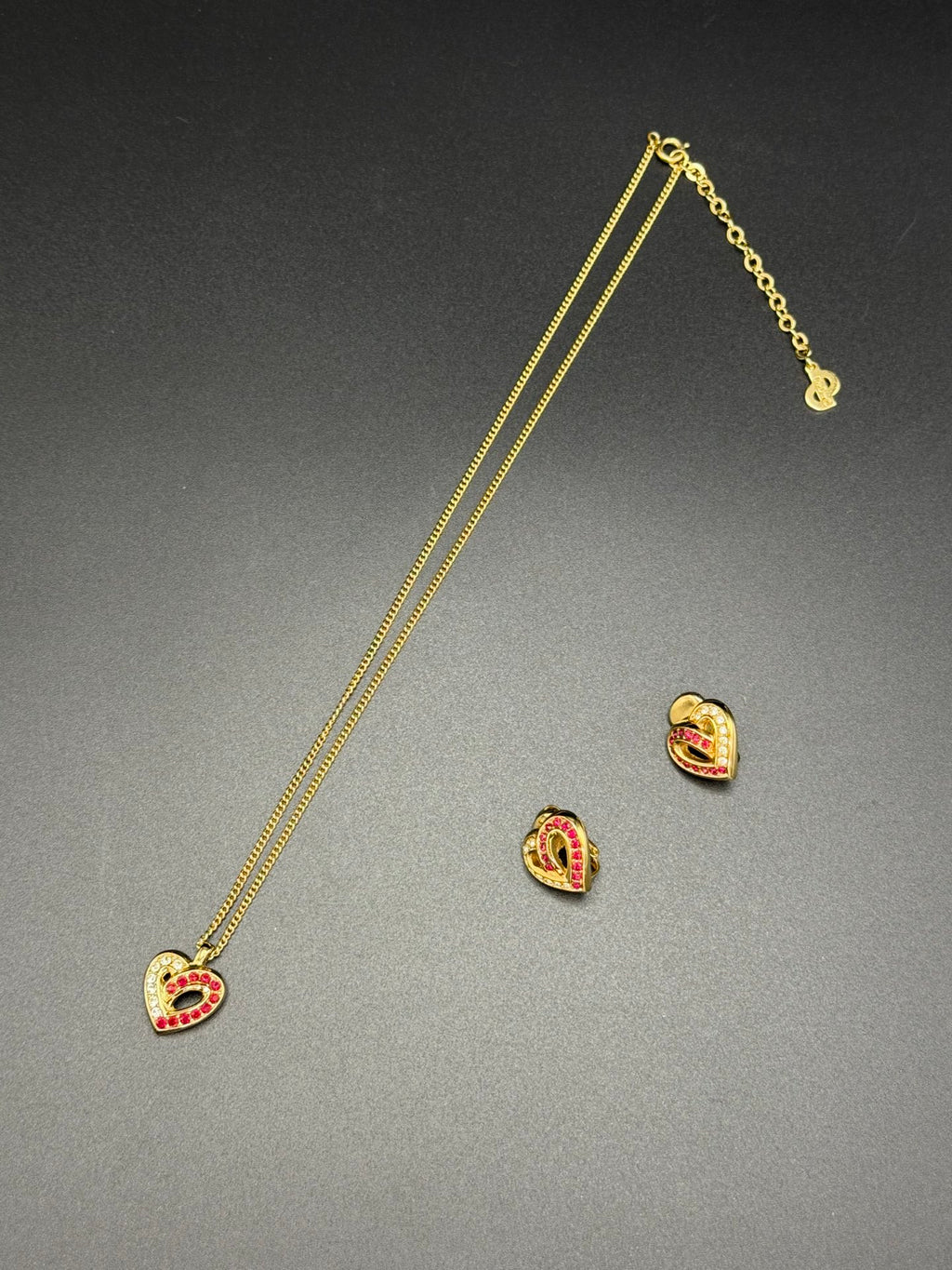 Christian Dior Rhinestone Heart Motif Necklace and Earrings Demi-Parure Set