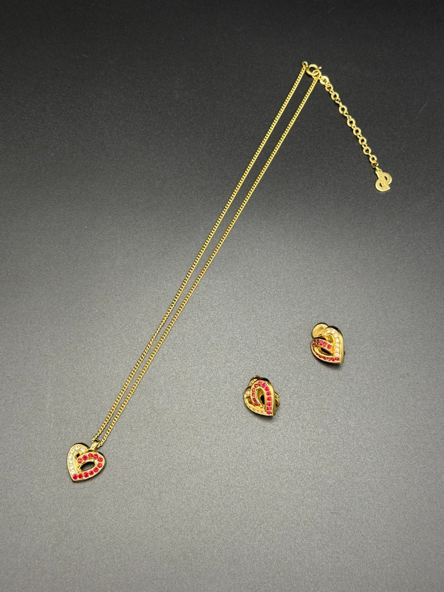 Christian Dior Rhinestone Heart Motif Necklace and Earrings Demi-Parure Set