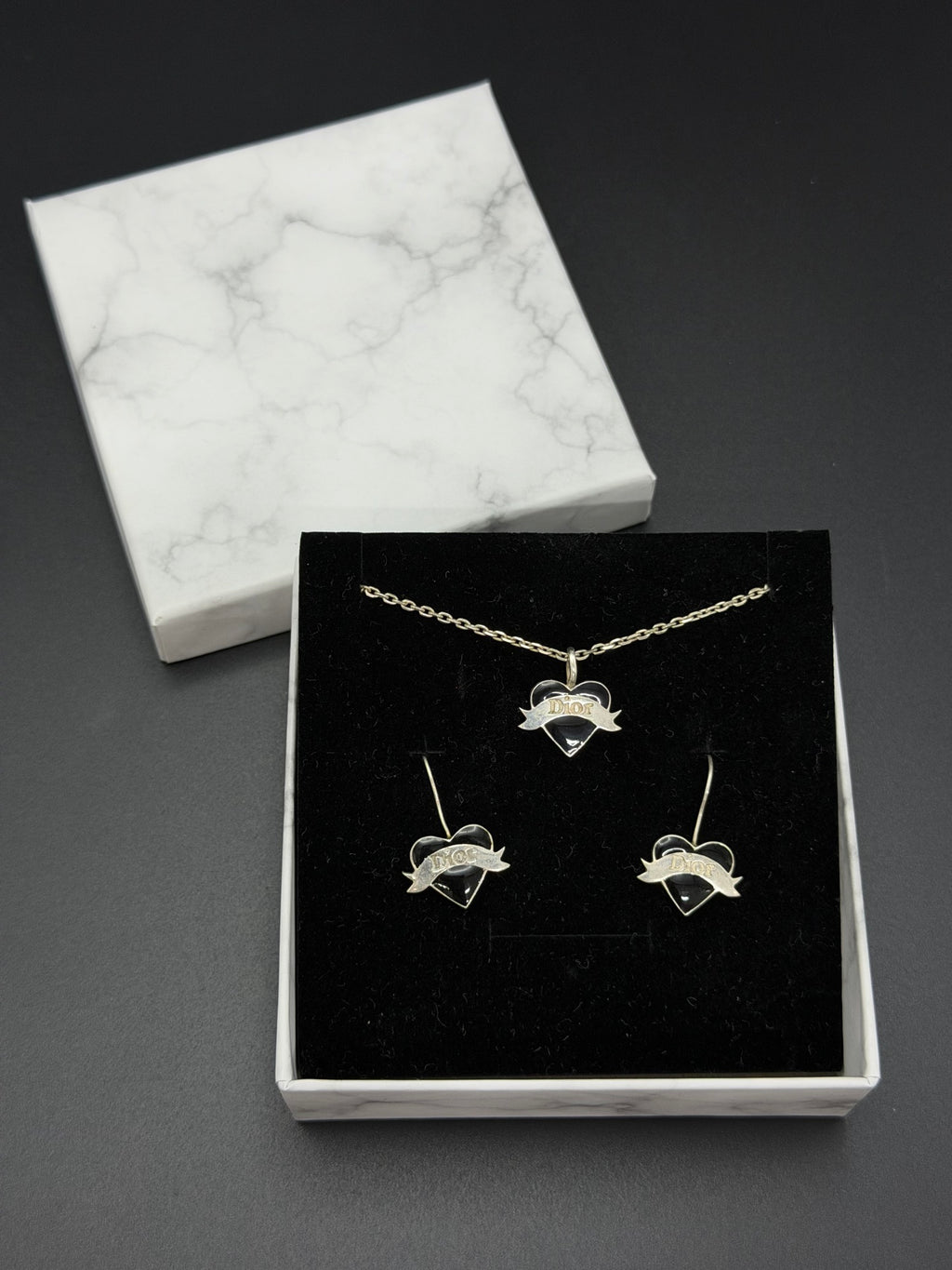 Christian Dior Black Heart Scroll Banner Necklace and Earrings Demi-Parure Set.