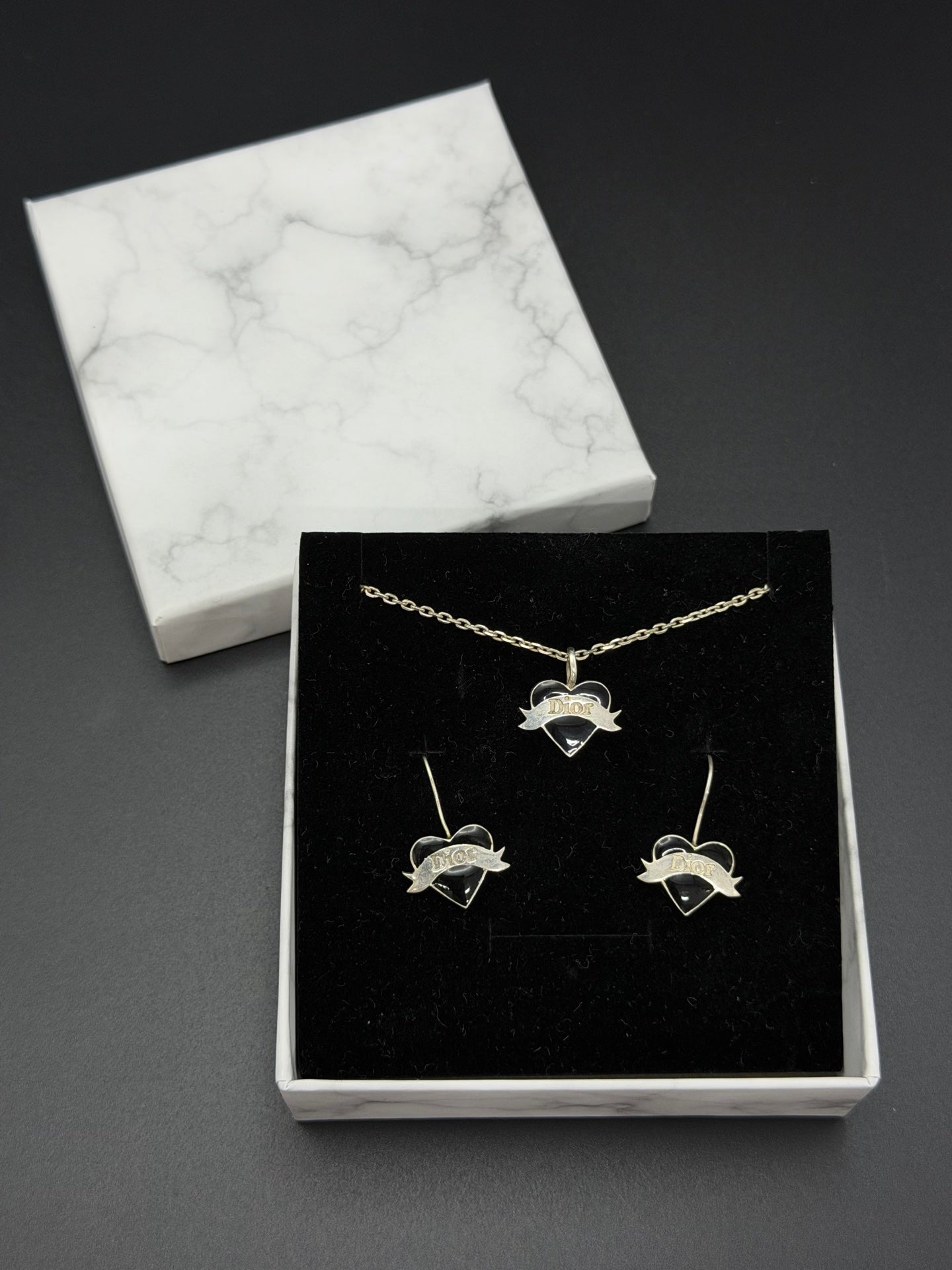 Christian Dior Black Heart Scroll Banner Necklace and Earrings Demi-Parure Set.