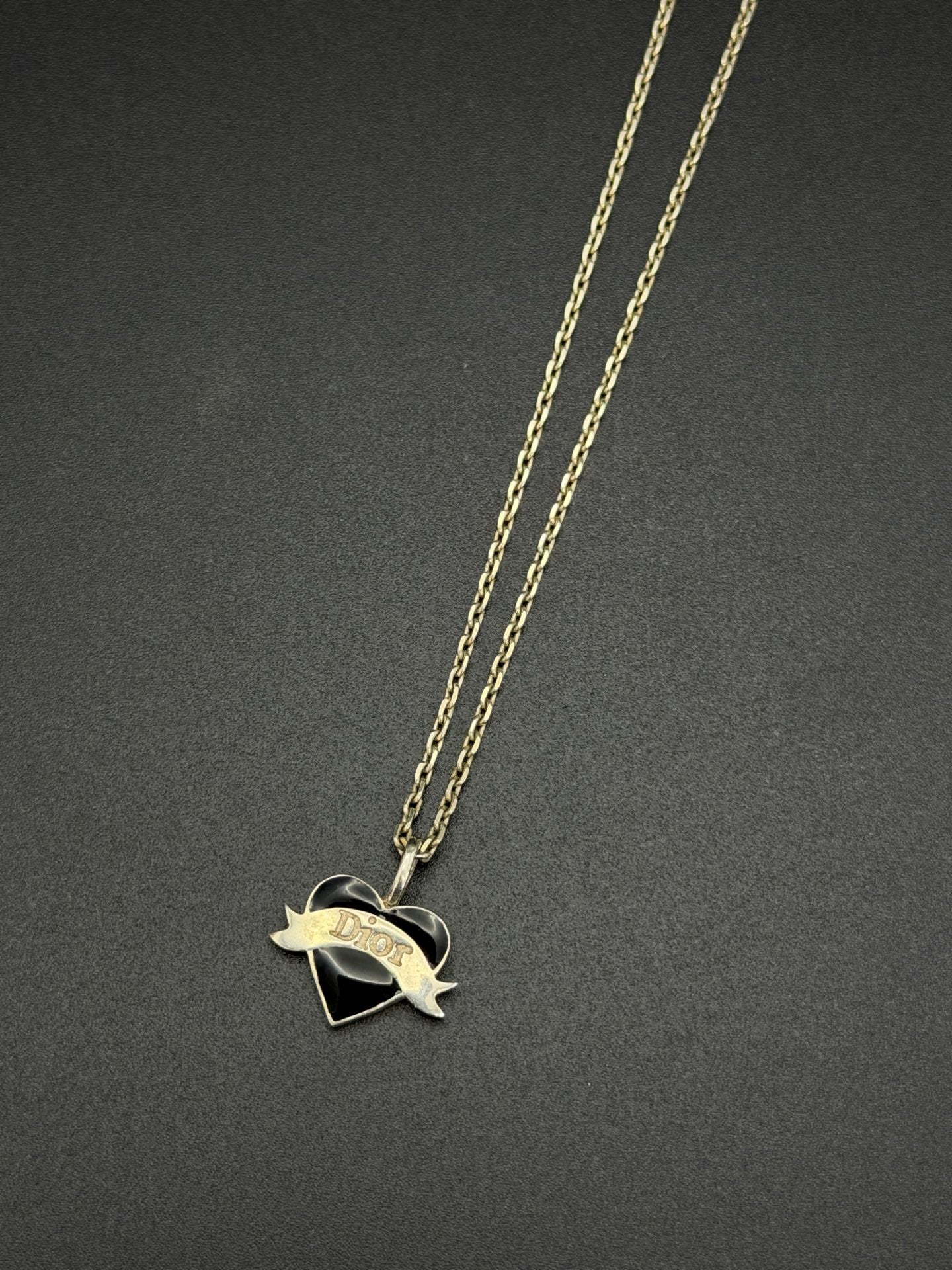 Christian Dior Black Heart Scroll Banner Necklace and Earrings Demi-Parure Set.