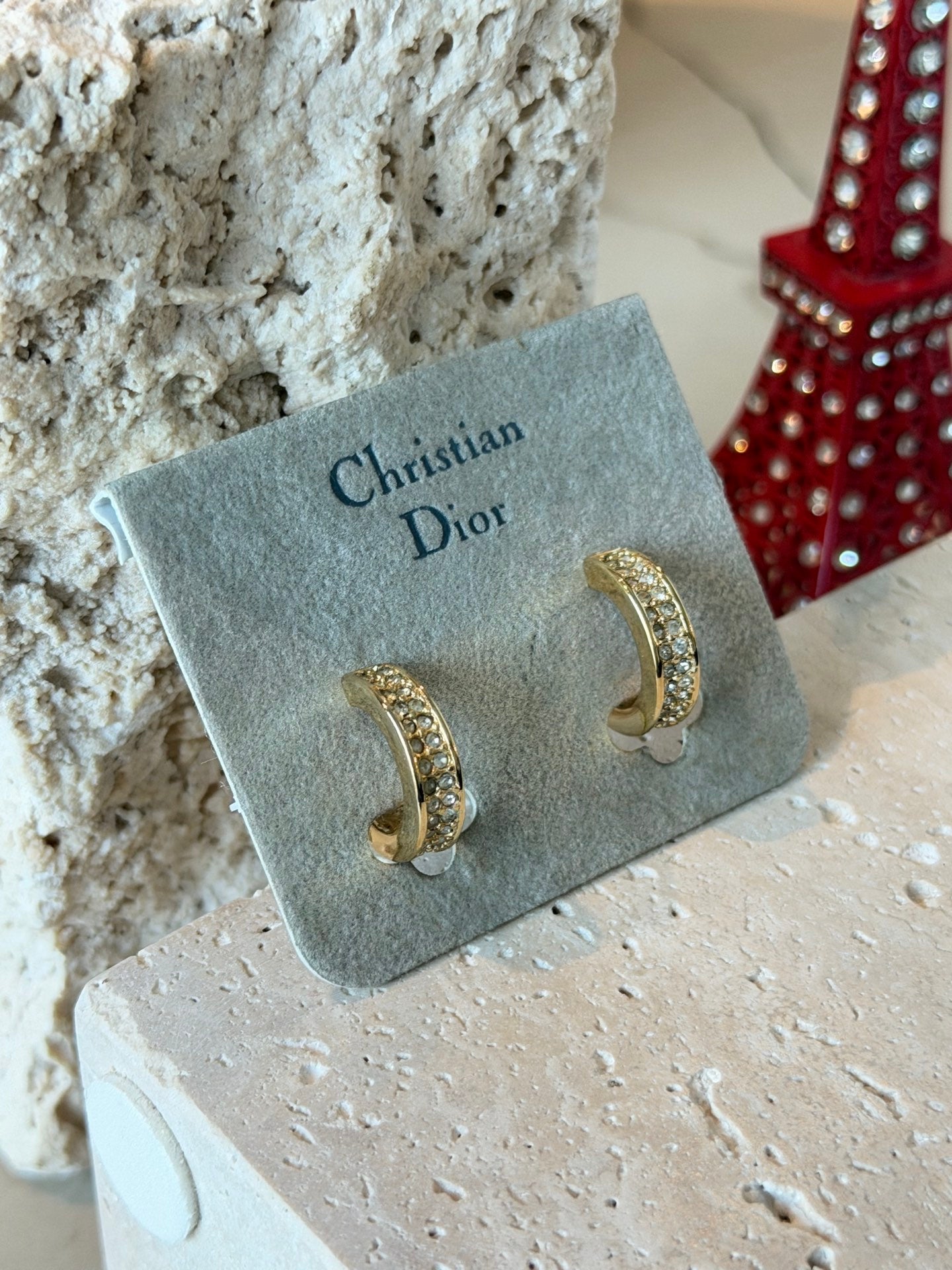 Christian Dior Vintage Rhinestone Half Hoop Clip-On Earrings