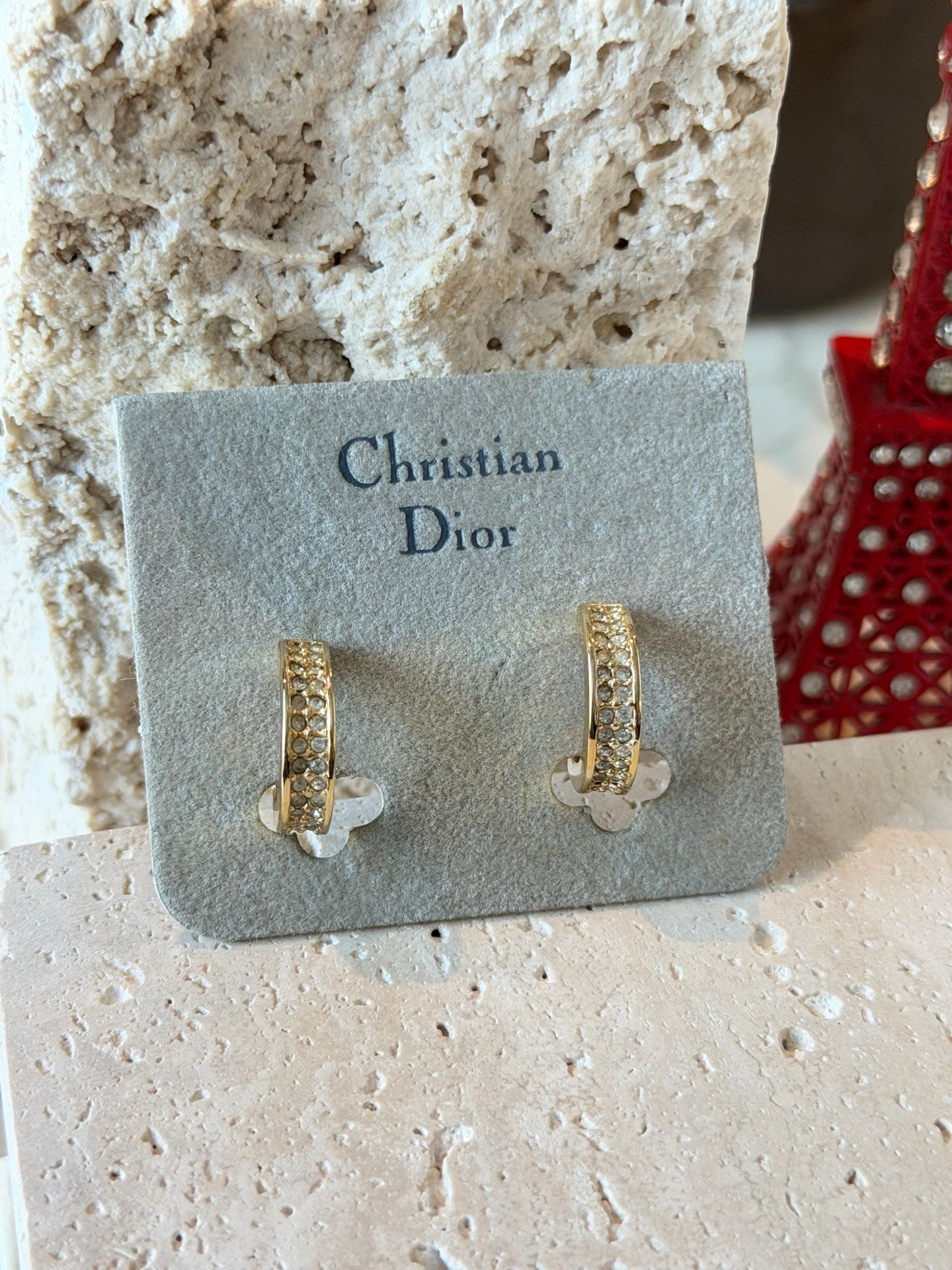 Christian Dior Vintage Rhinestone Half Hoop Clip-On Earrings