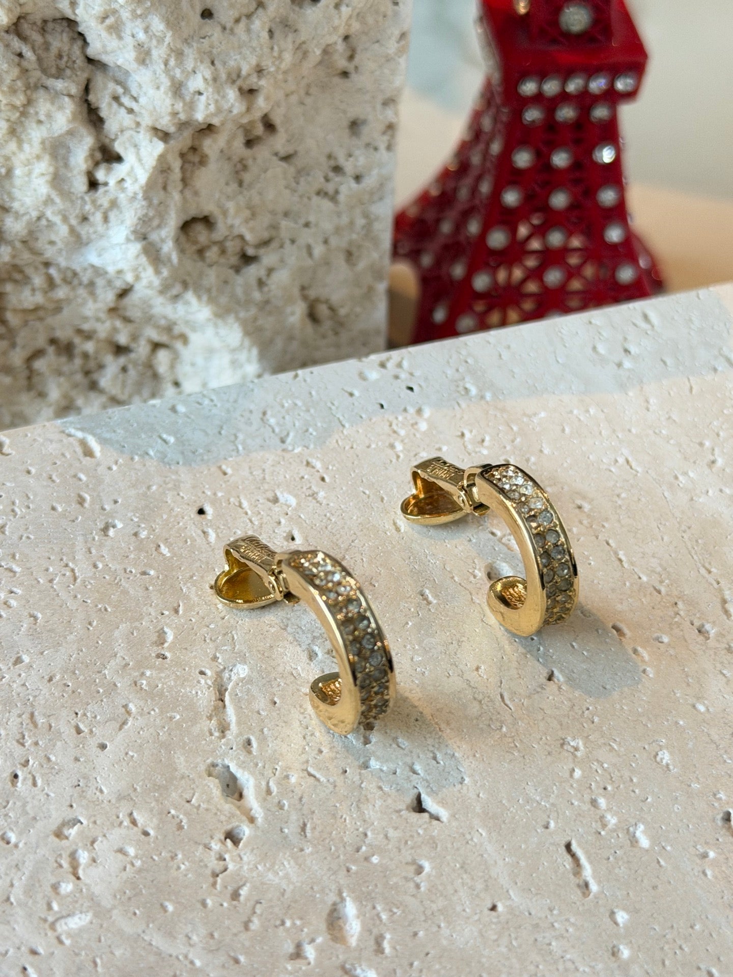 Christian Dior Vintage Rhinestone Half Hoop Clip-On Earrings