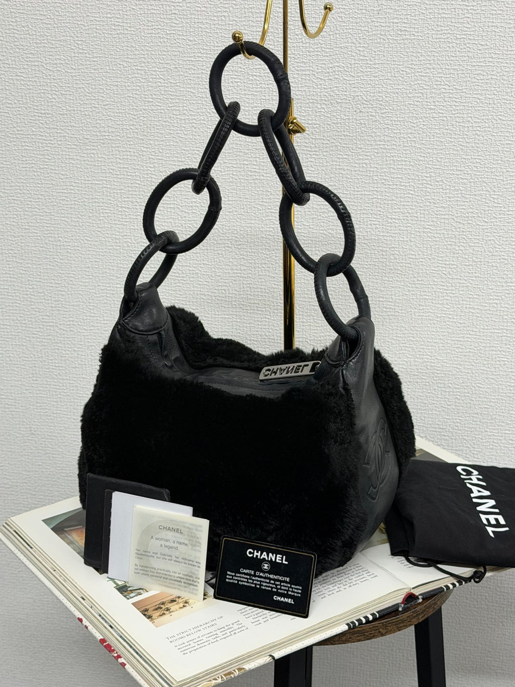 Chanel Vintage Black Rabbit Fur Ring Chain Hobo Bag