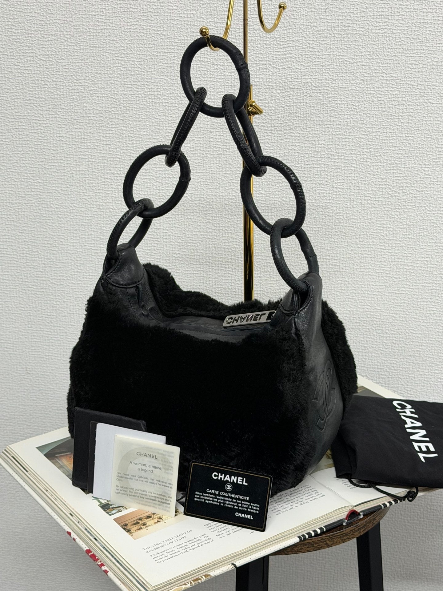 Chanel Vintage Black Rabbit Fur Ring Chain Hobo Bag