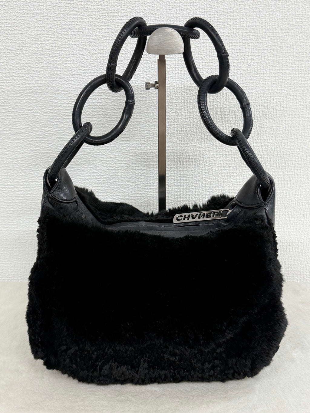 Chanel Vintage Black Rabbit Fur Ring Chain Hobo Bag