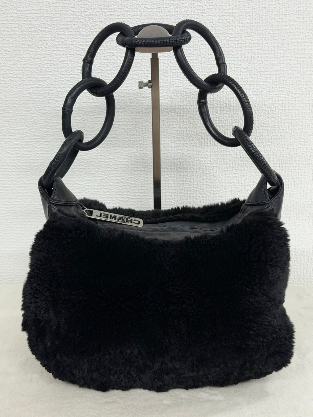 Chanel Vintage Black Rabbit Fur Ring Chain Hobo Bag