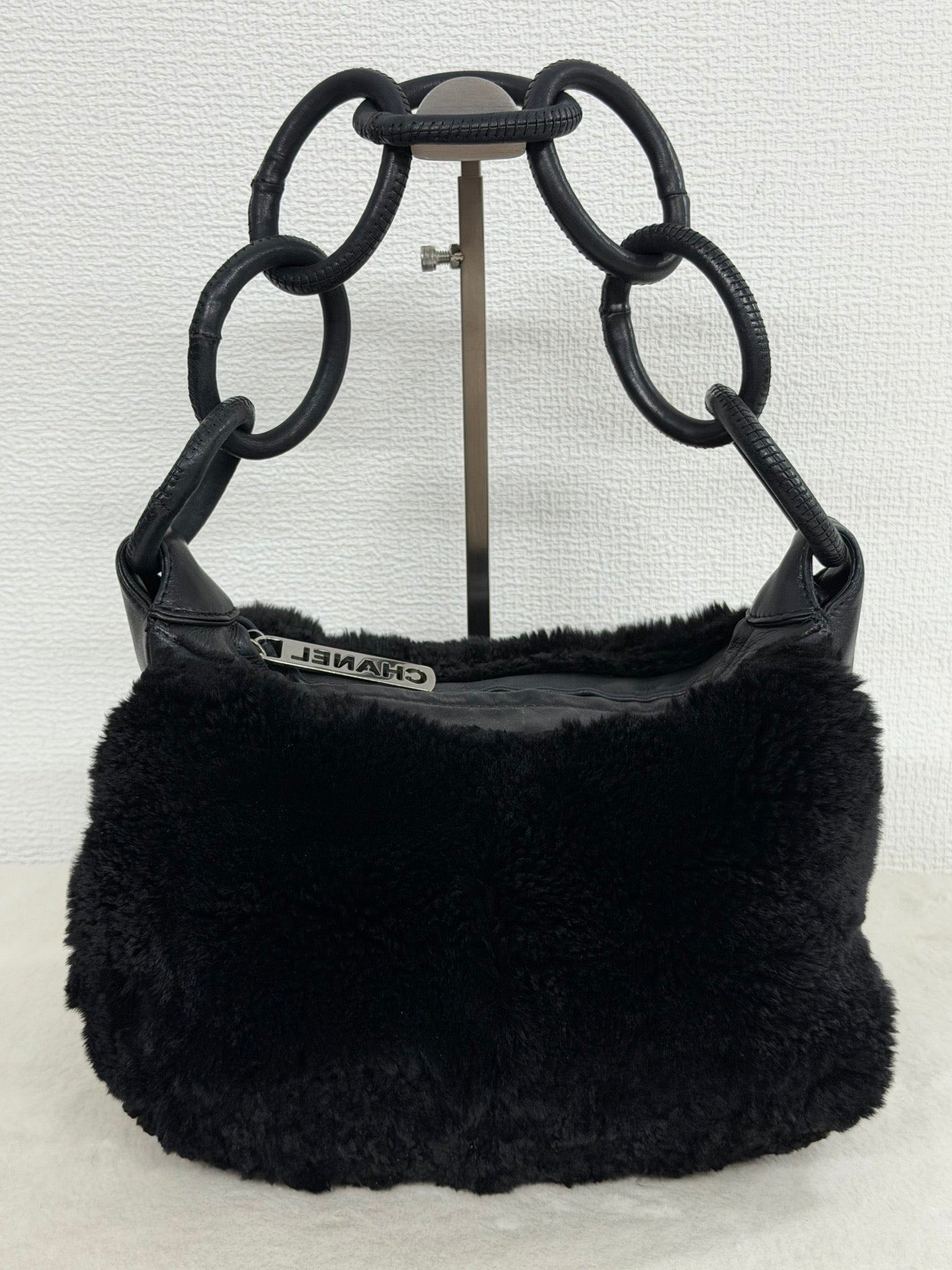 Chanel Vintage Black Rabbit Fur Ring Chain Hobo Bag