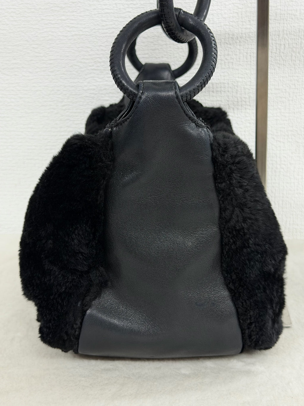 Chanel Vintage Black Rabbit Fur Ring Chain Hobo Bag