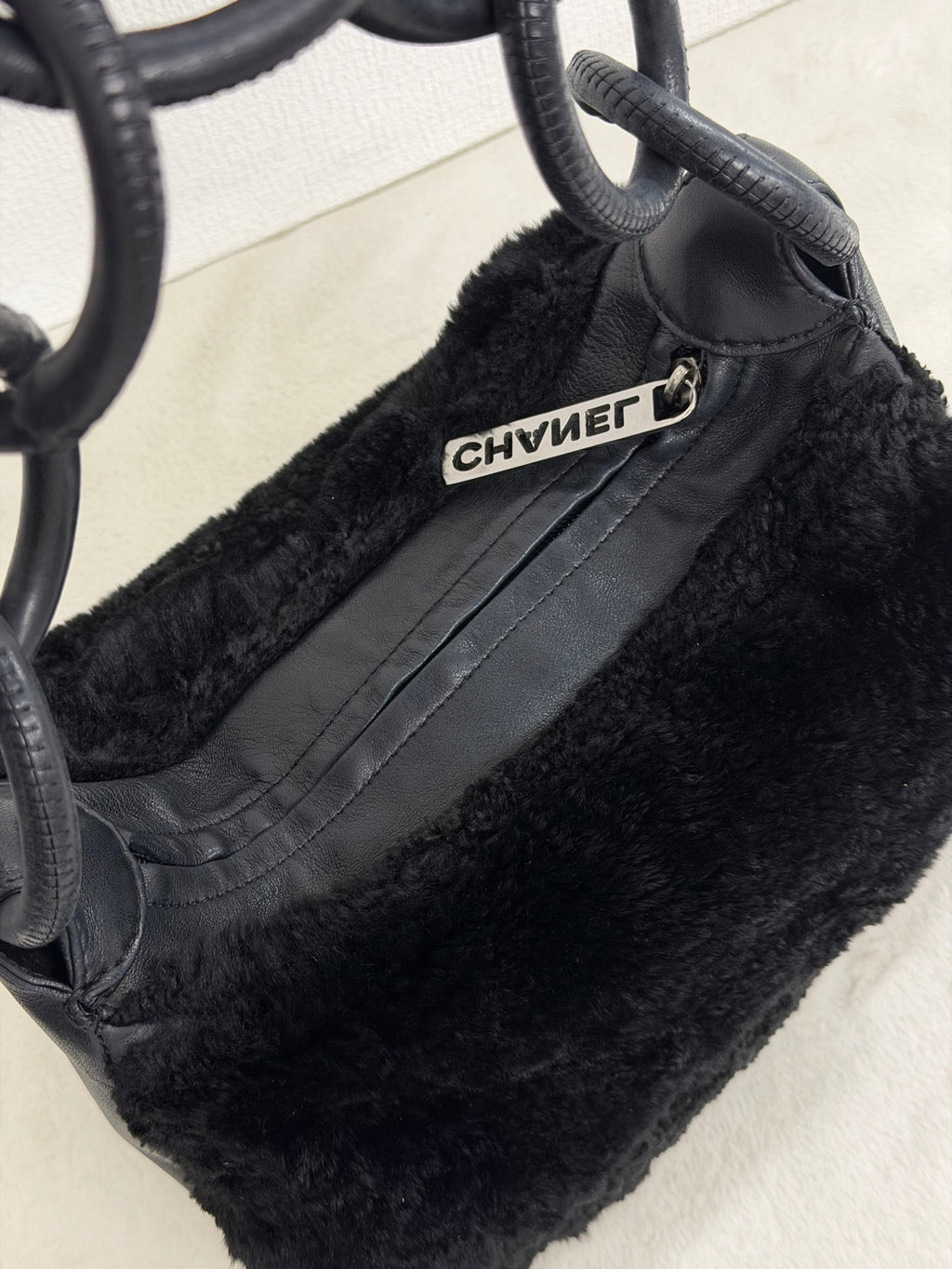 Chanel Vintage Black Rabbit Fur Ring Chain Hobo Bag