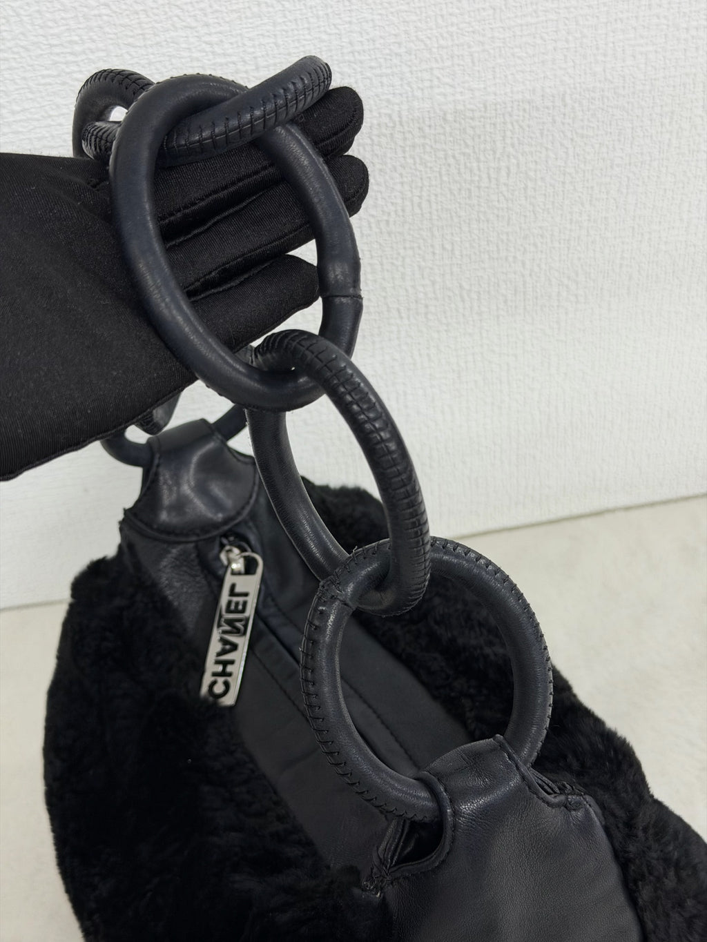Chanel Vintage Black Rabbit Fur Ring Chain Hobo Bag