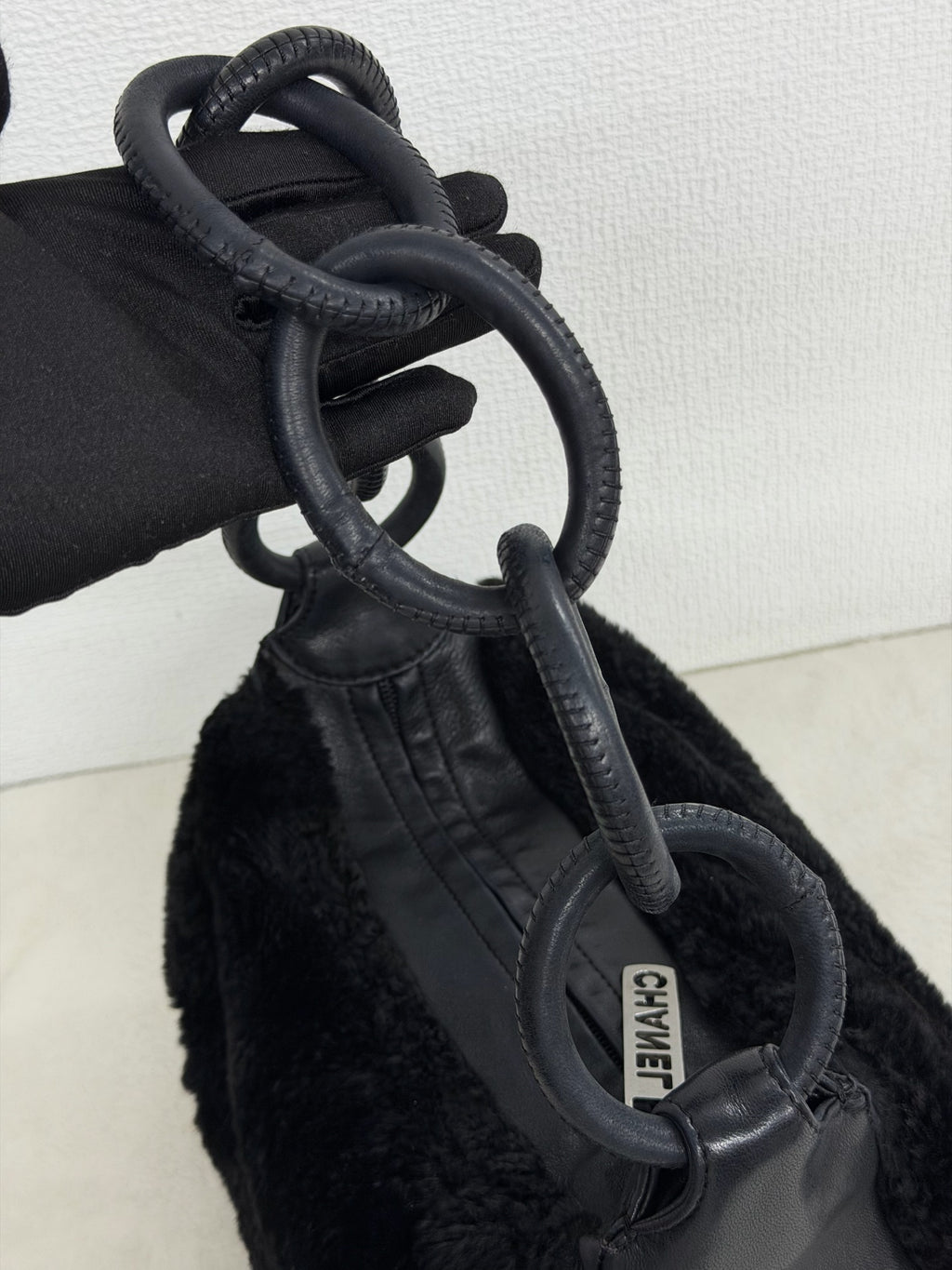 Chanel Vintage Black Rabbit Fur Ring Chain Hobo Bag