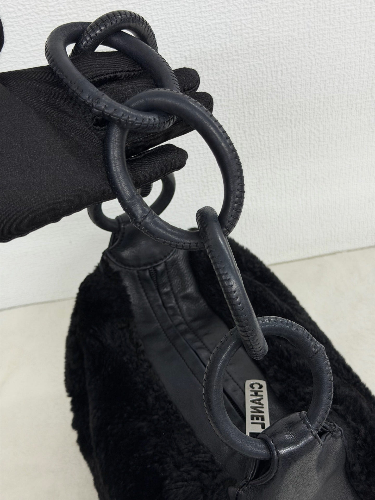 Chanel Vintage Black Rabbit Fur Ring Chain Hobo Bag