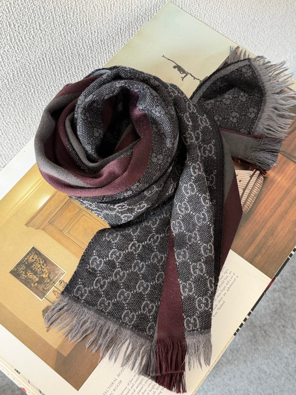 Gucci Wool Silk GG Monogram Web Verbier Scarf