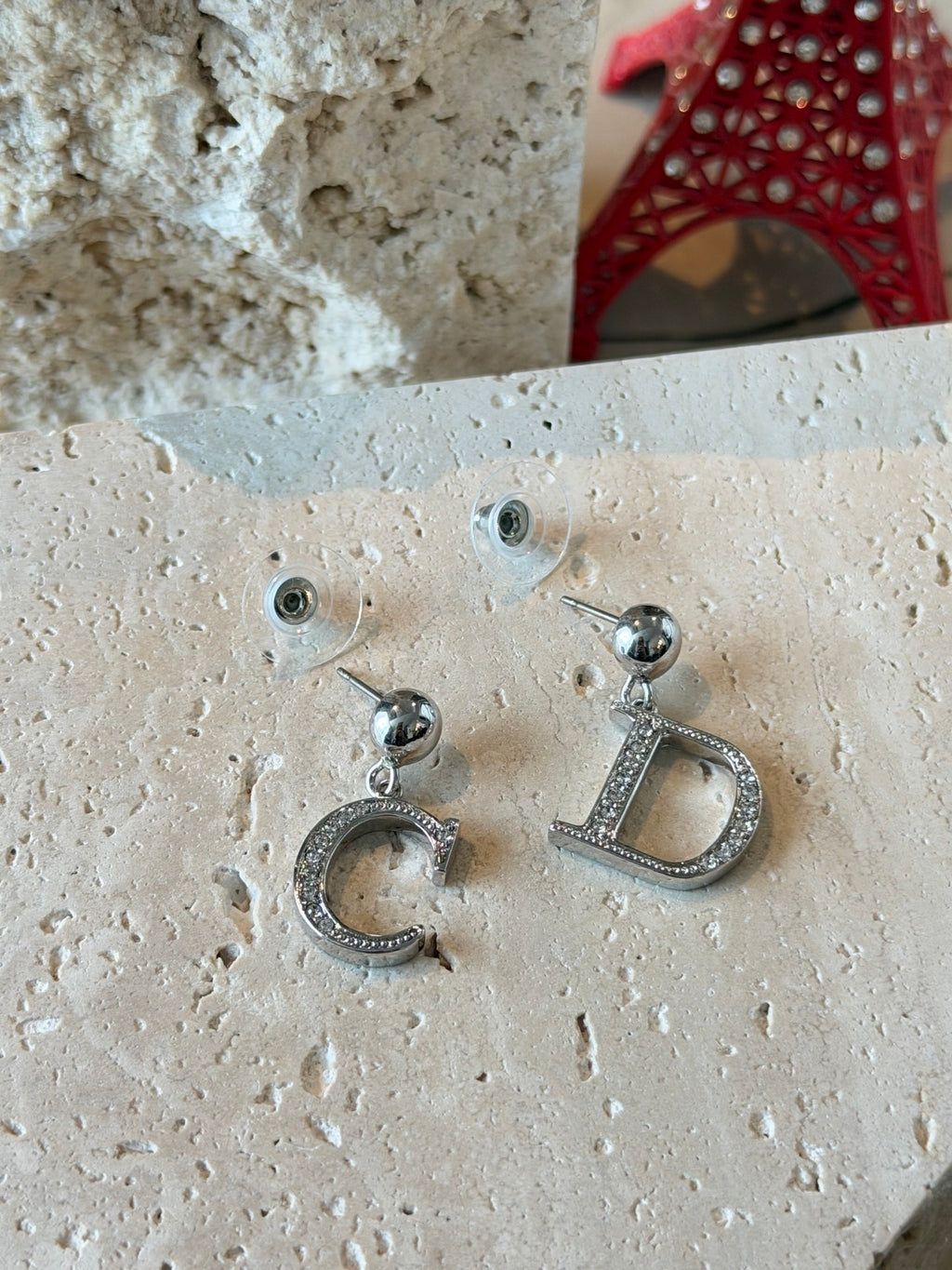 Christian Dior Vintage Asymmetric C & D Logo Rhinestone Earrings