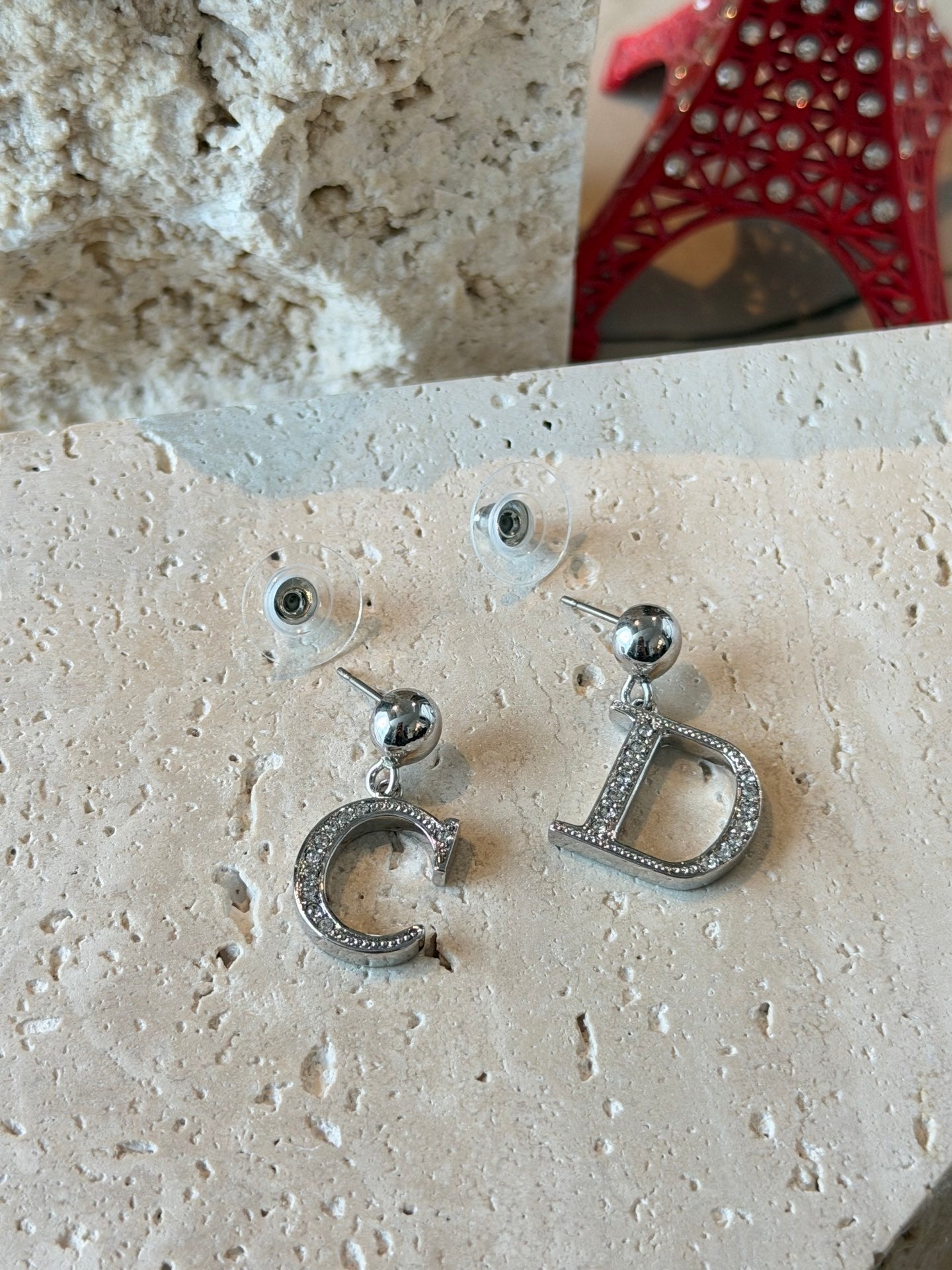 Christian Dior Vintage Asymmetric C & D Logo Rhinestone Earrings