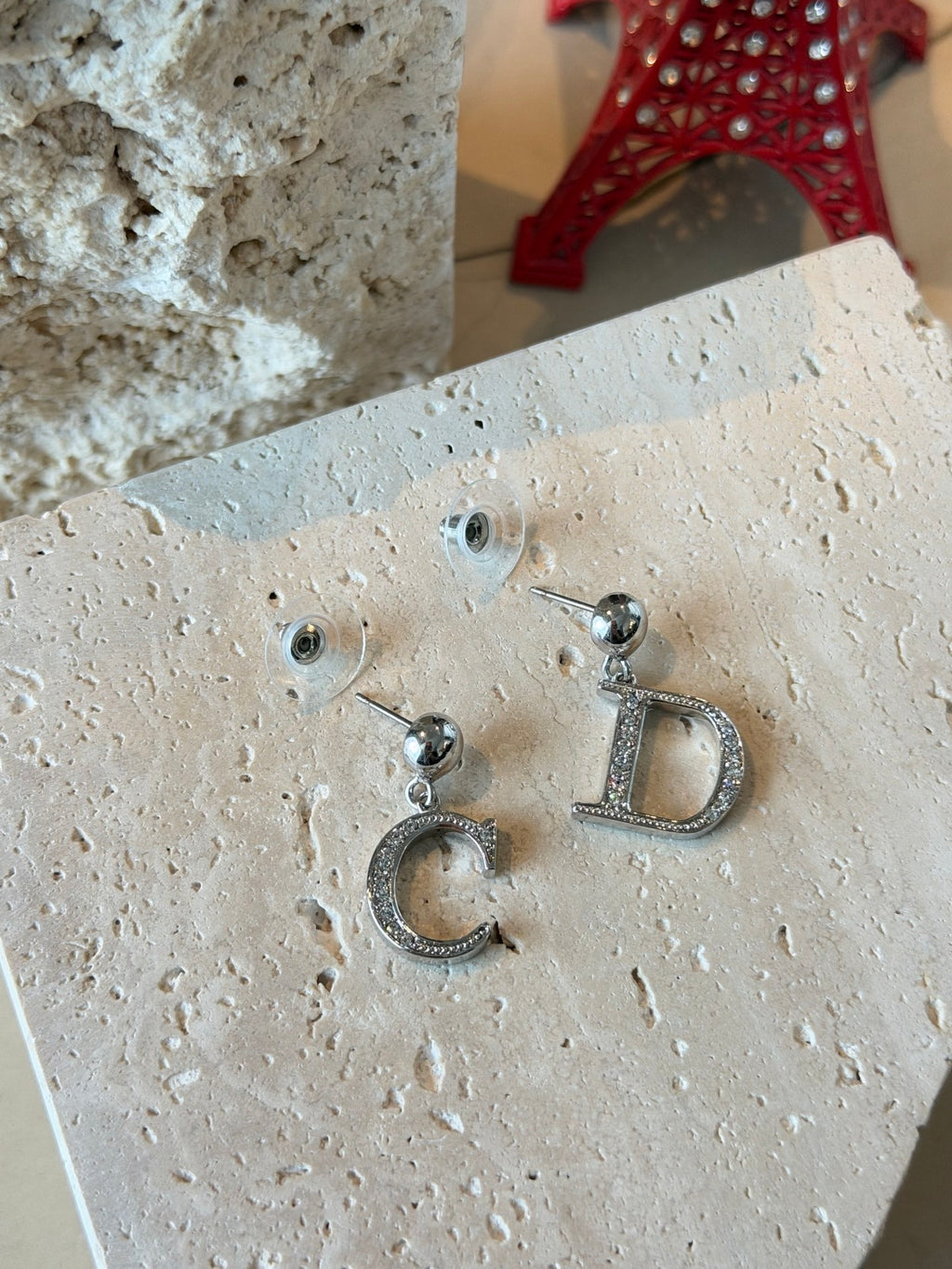 Christian Dior Vintage Asymmetric C & D Logo Rhinestone Earrings