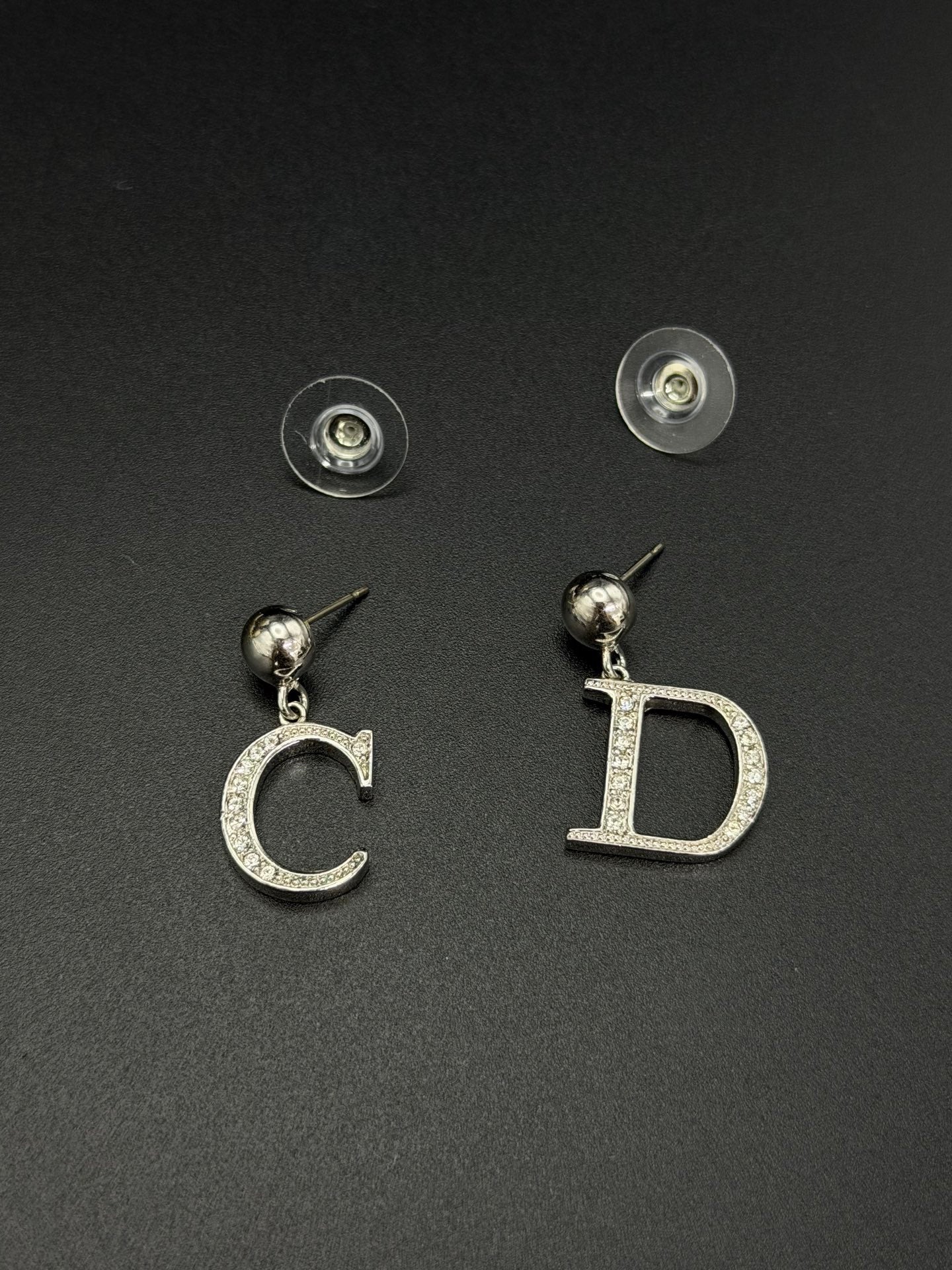 Christian Dior Vintage Asymmetric C & D Logo Rhinestone Earrings
