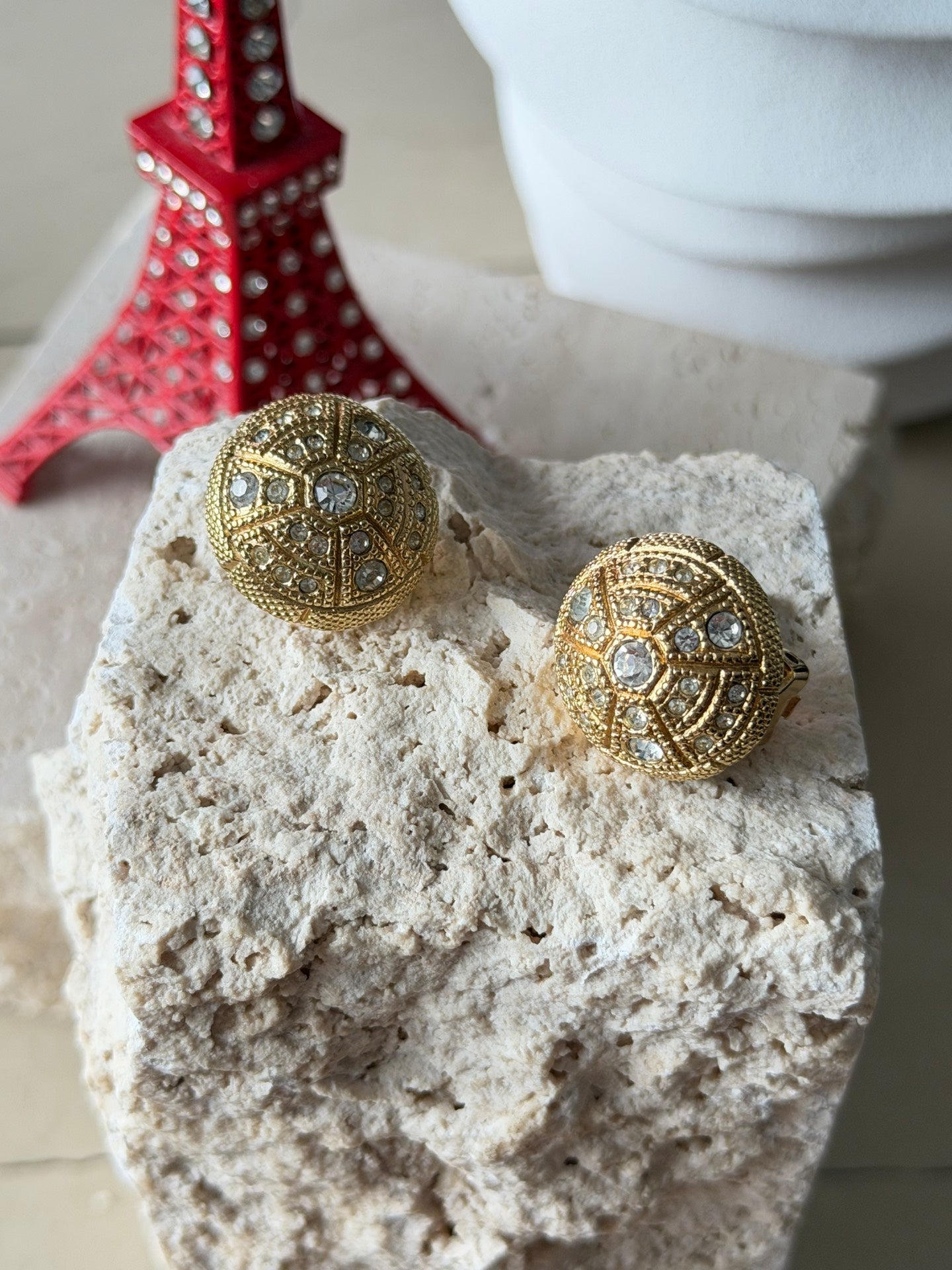 Christian Dior Vintage Rhinestone Button Clip Earrings