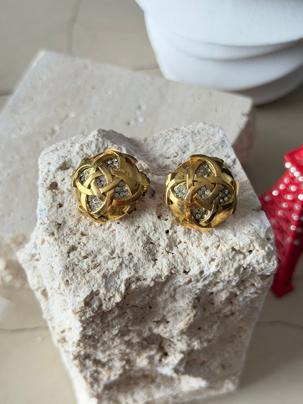 Chanel Vintage Interlocking CC Rhinestone Knot Dome Earrings