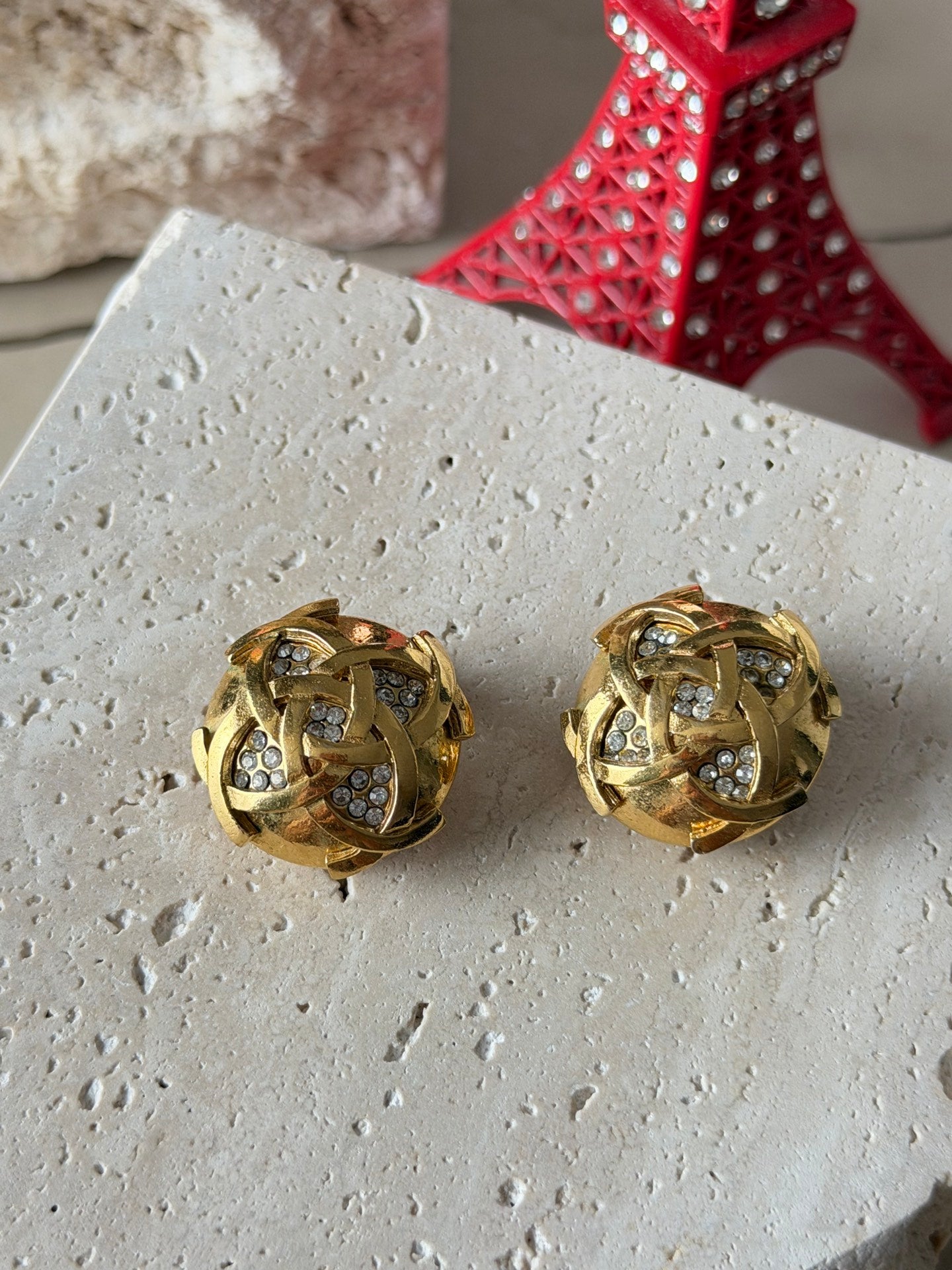 Chanel Vintage Interlocking CC Rhinestone Knot Dome Earrings