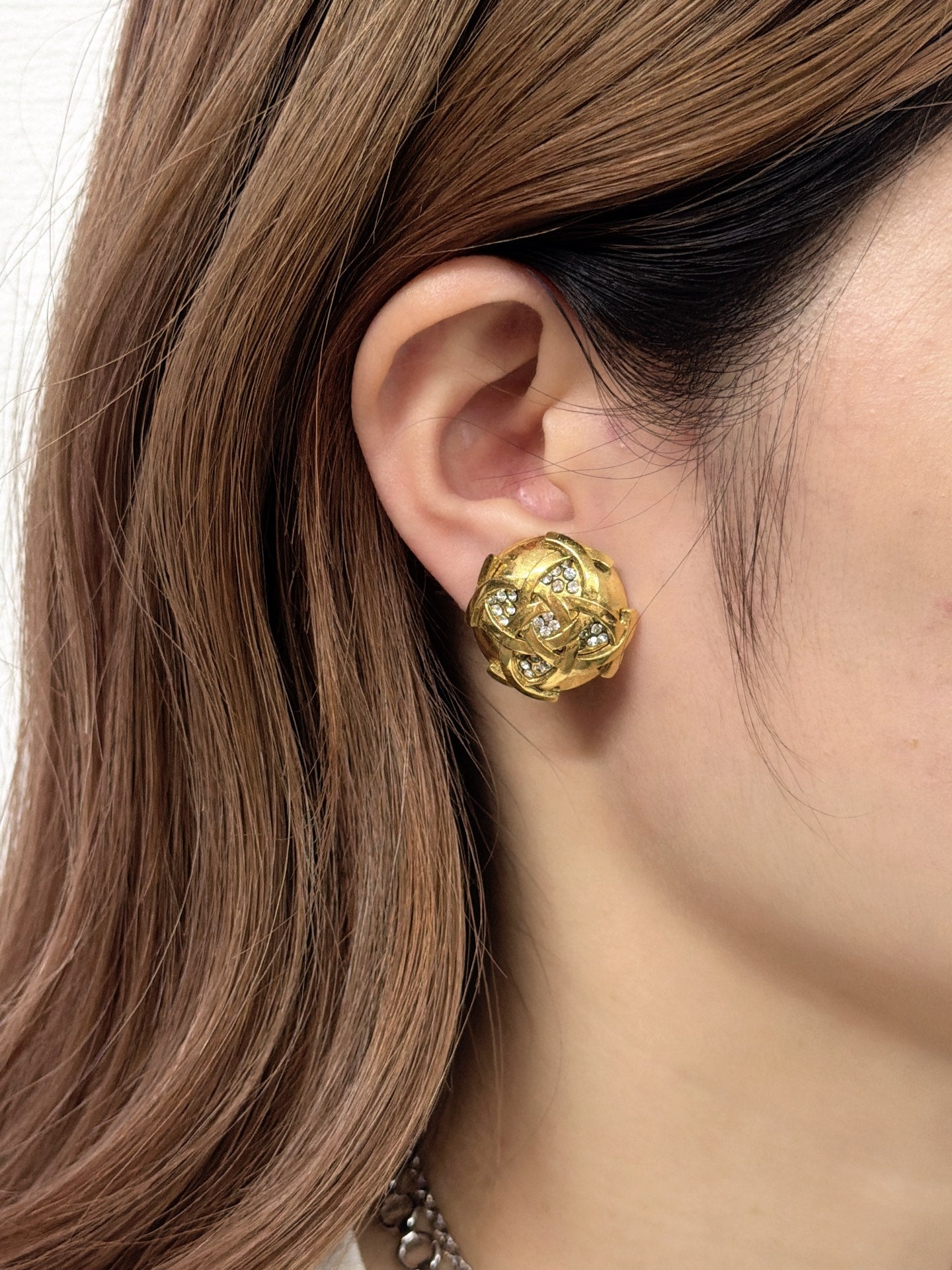 Chanel Vintage Interlocking CC Rhinestone Knot Dome Earrings