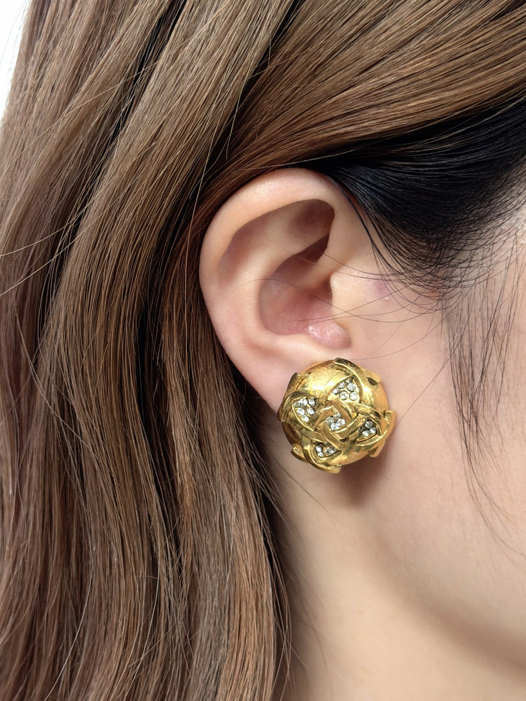 Chanel Vintage Interlocking CC Rhinestone Knot Dome Earrings
