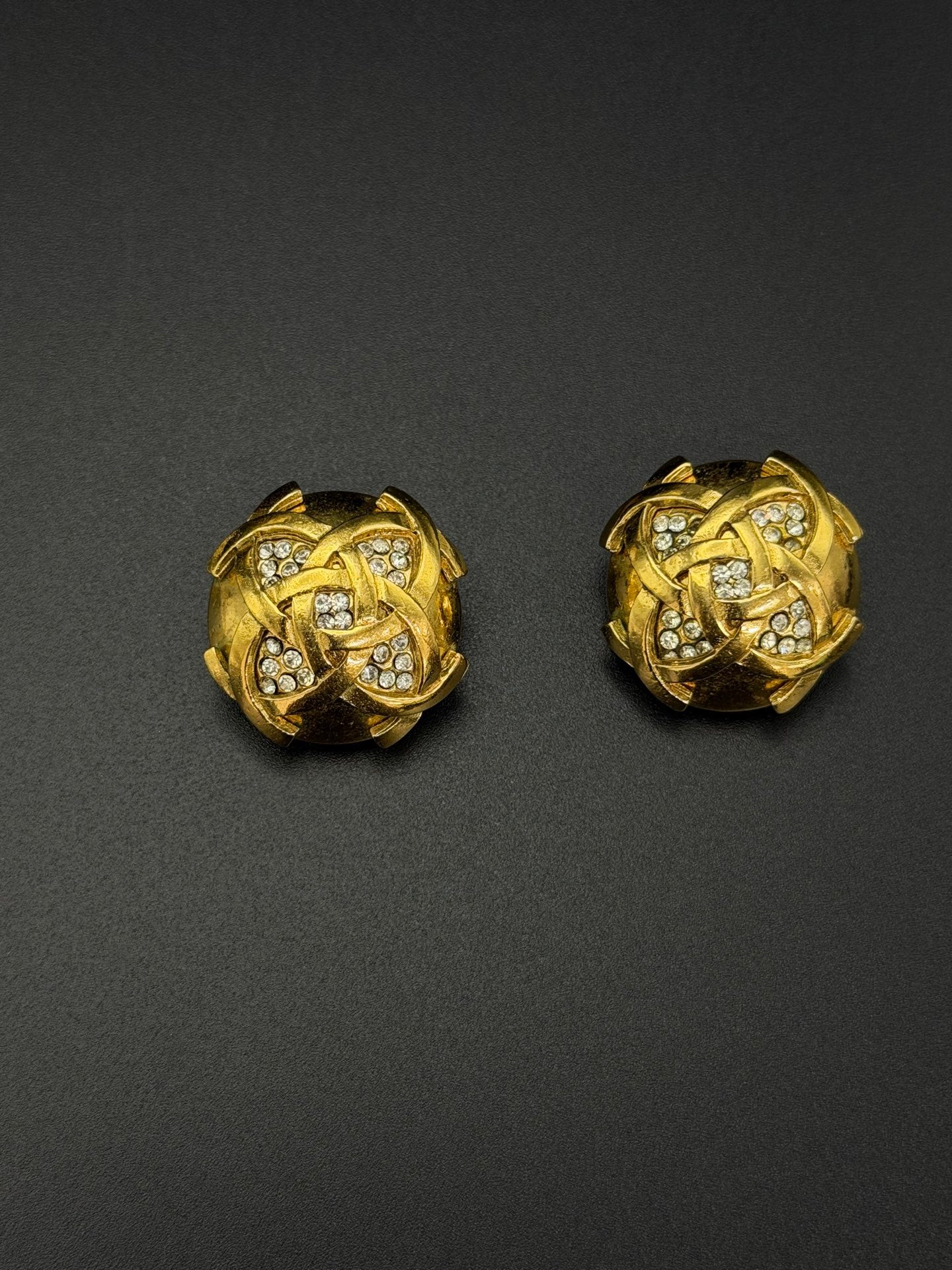 Chanel Vintage Interlocking CC Rhinestone Knot Dome Earrings