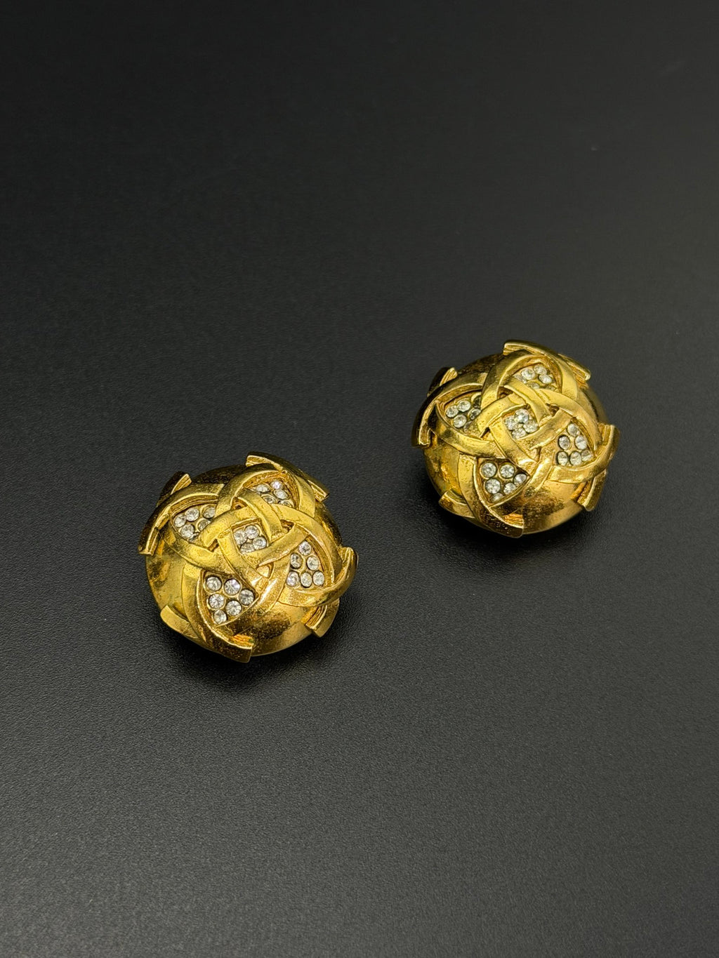 Chanel Vintage Interlocking CC Rhinestone Knot Dome Earrings