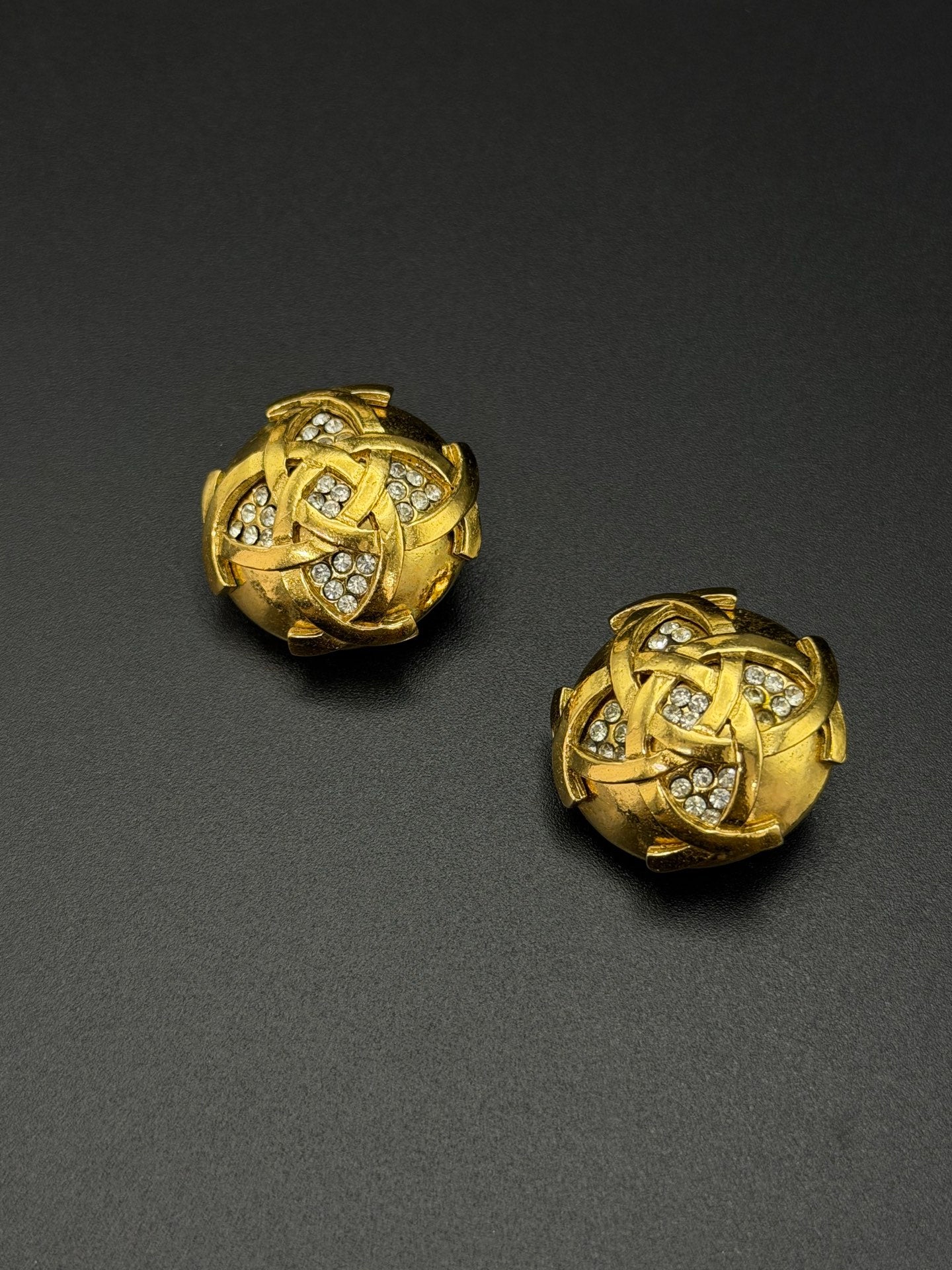 Chanel Vintage Interlocking CC Rhinestone Knot Dome Earrings