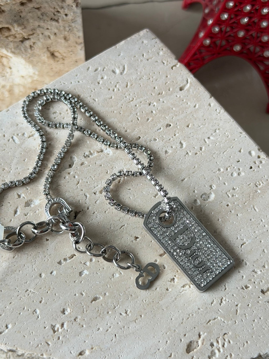Christian Dior Vintage Rhinestone Dog Tag Pendant Necklace
