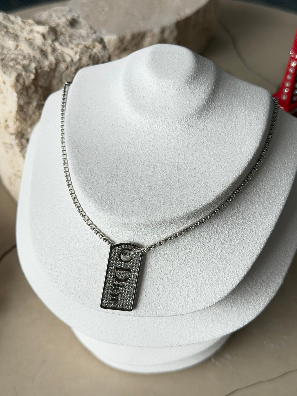 Christian Dior Vintage Rhinestone Dog Tag Pendant Necklace