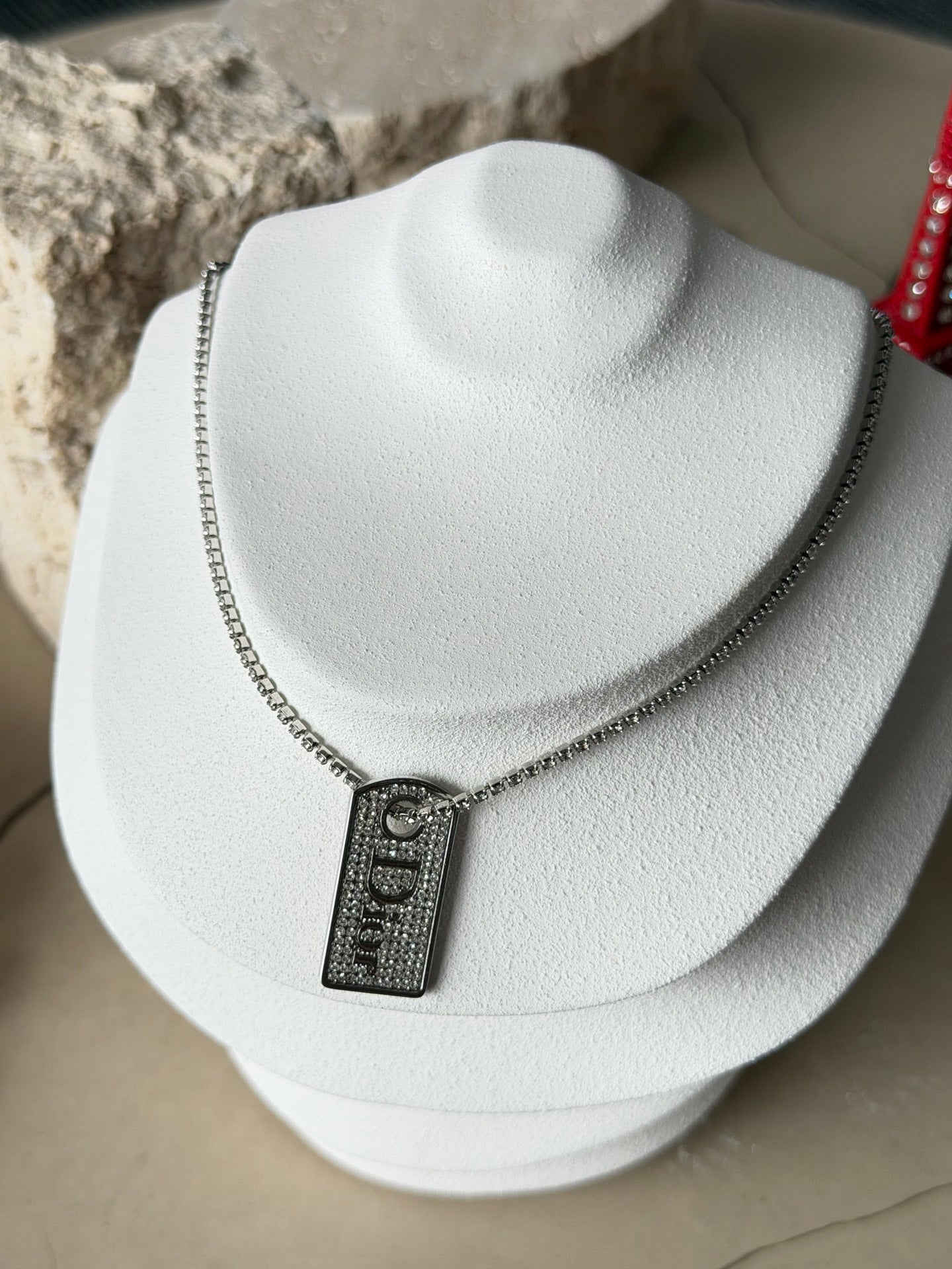 Christian Dior Vintage Rhinestone Dog Tag Pendant Necklace